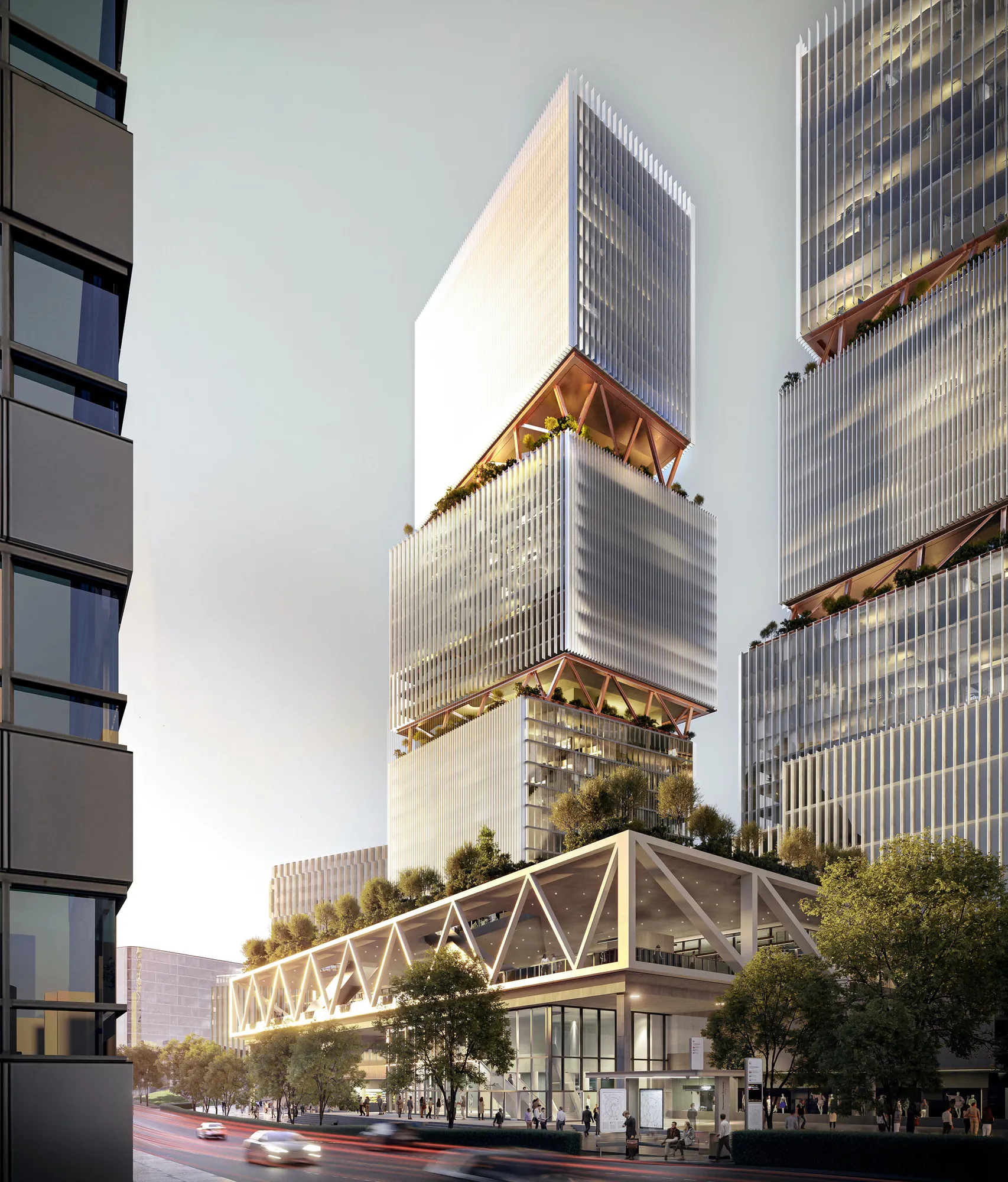 A commercial architectural 3D rendering showcasing the symmetrical front view of a contemporary building with a structured grid design, large open spaces, and vibrant urban landscaping.