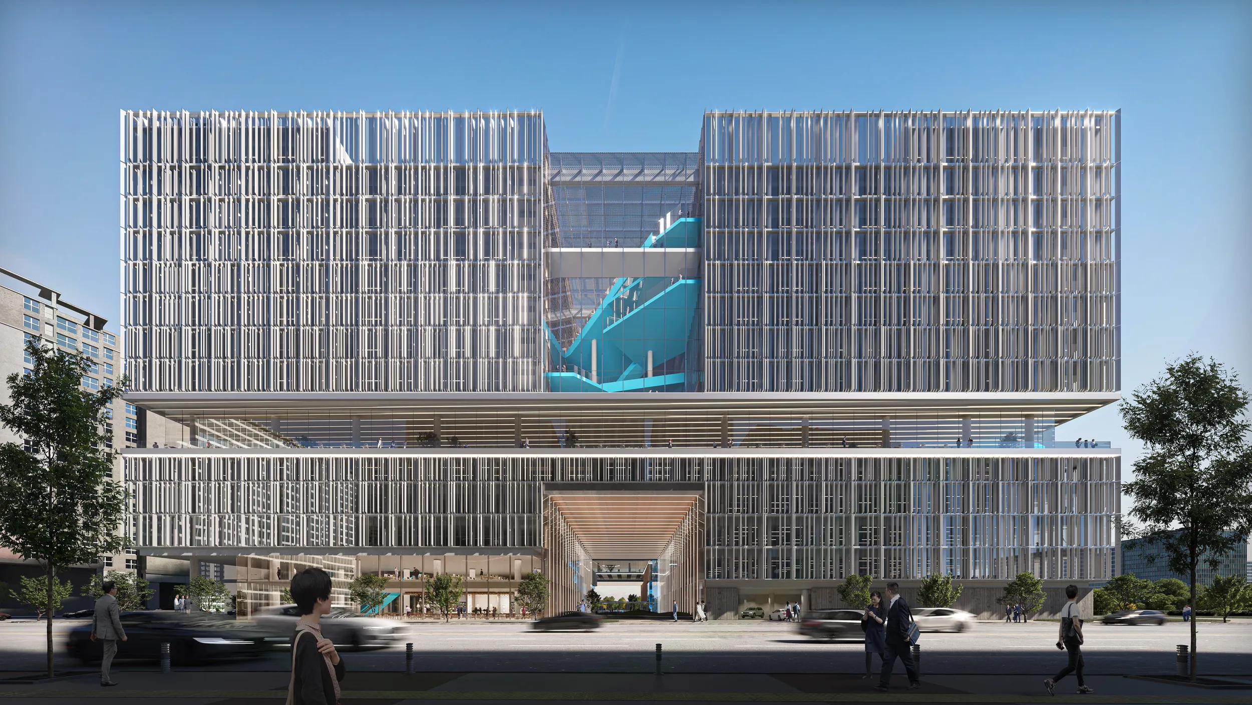 A commercial architectural 3D rendering of a mist-covered skyline featuring towering skyscrapers, creating a dramatic and atmospheric view of an urban landscape.