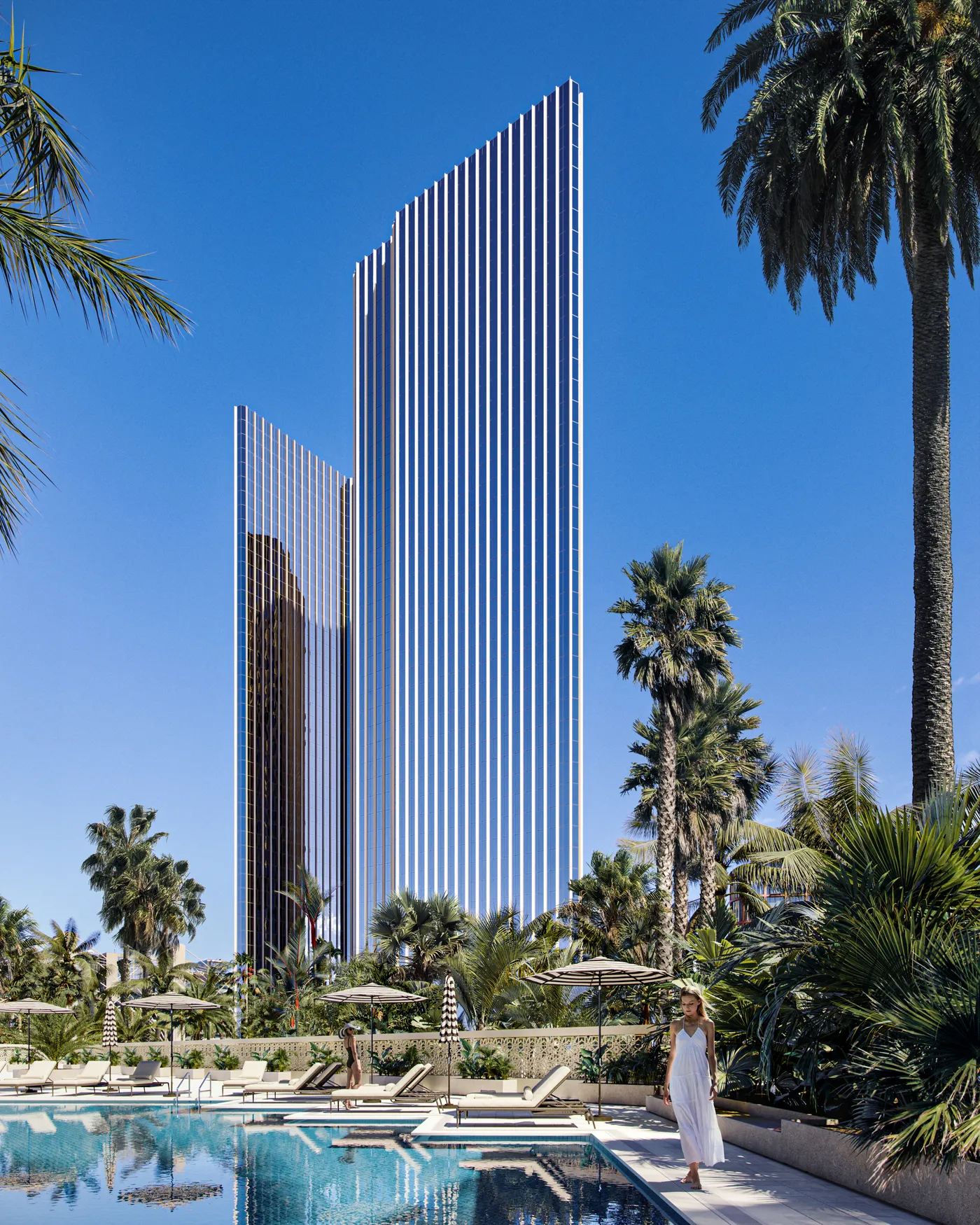 A commercial architectural 3D rendering showcasing the symmetrical front view of a contemporary building with a structured grid design, large open spaces, and vibrant urban landscaping.
