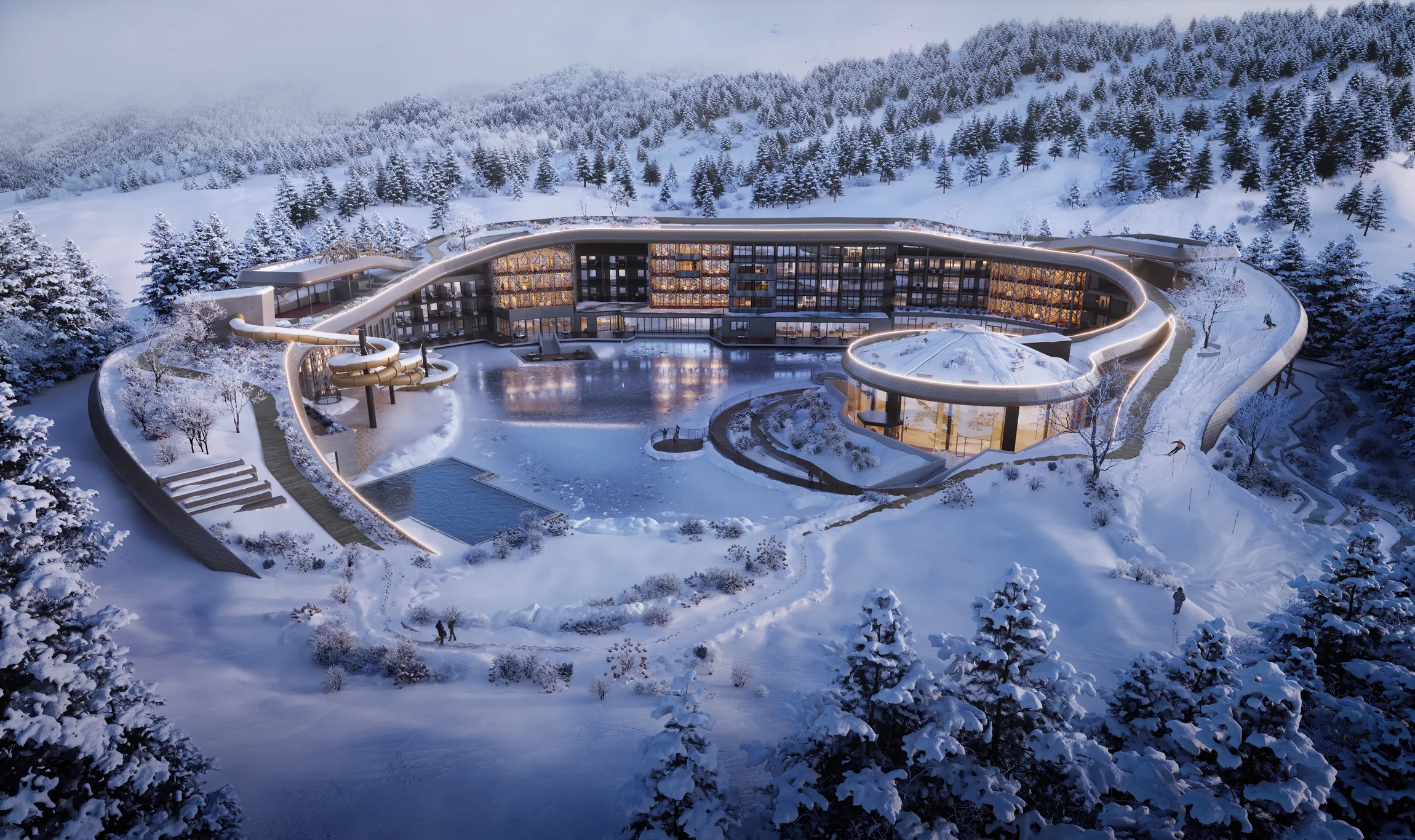 3D aerial view rendering of an expansive waterbody with docks, surrounded by a cityscape and lush parks