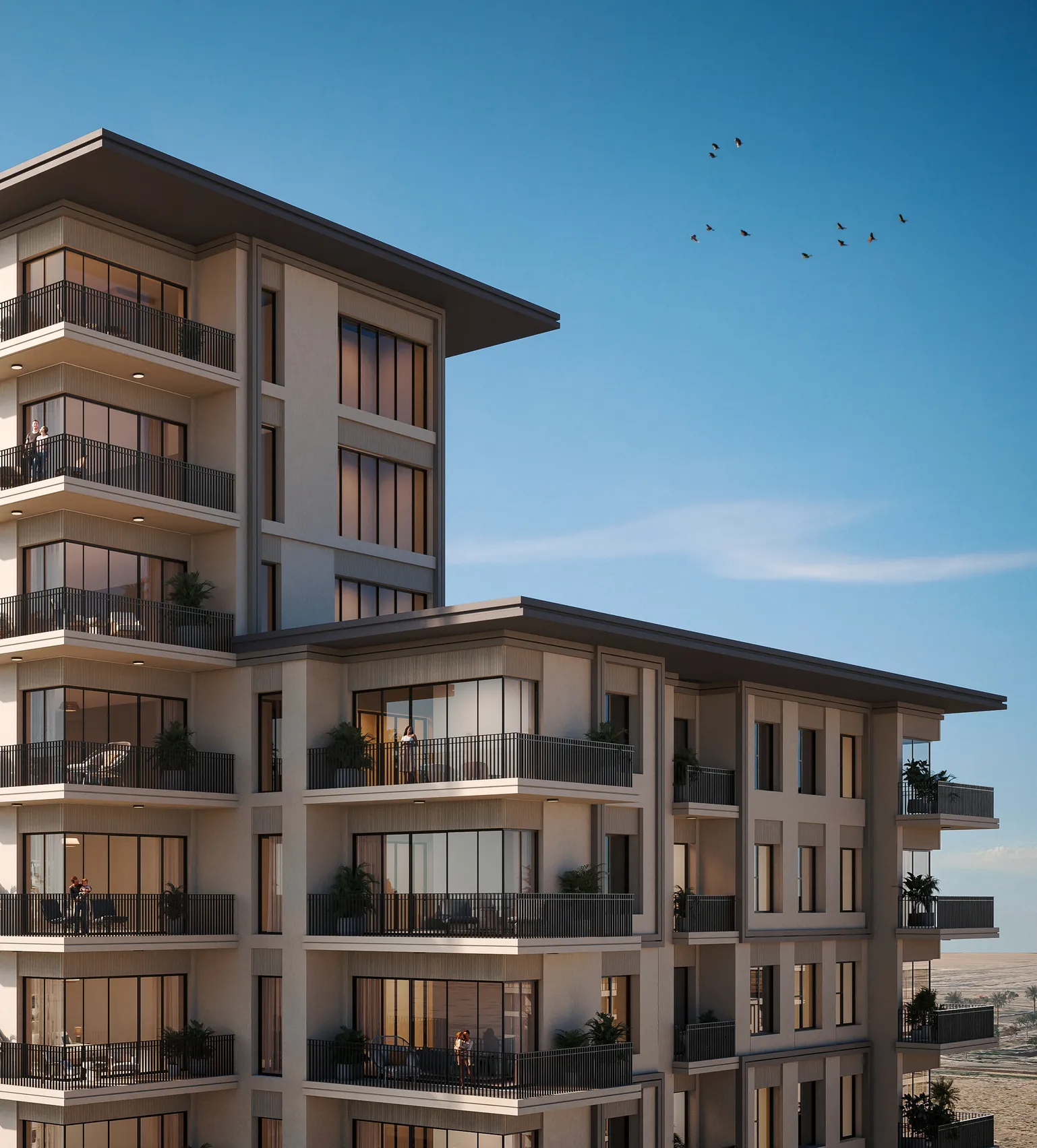 A real estate 3D rendering of a sleek, modern residential building with clean lines, a rooftop terrace, and landscaped greenery, seen under a bright blue sky.