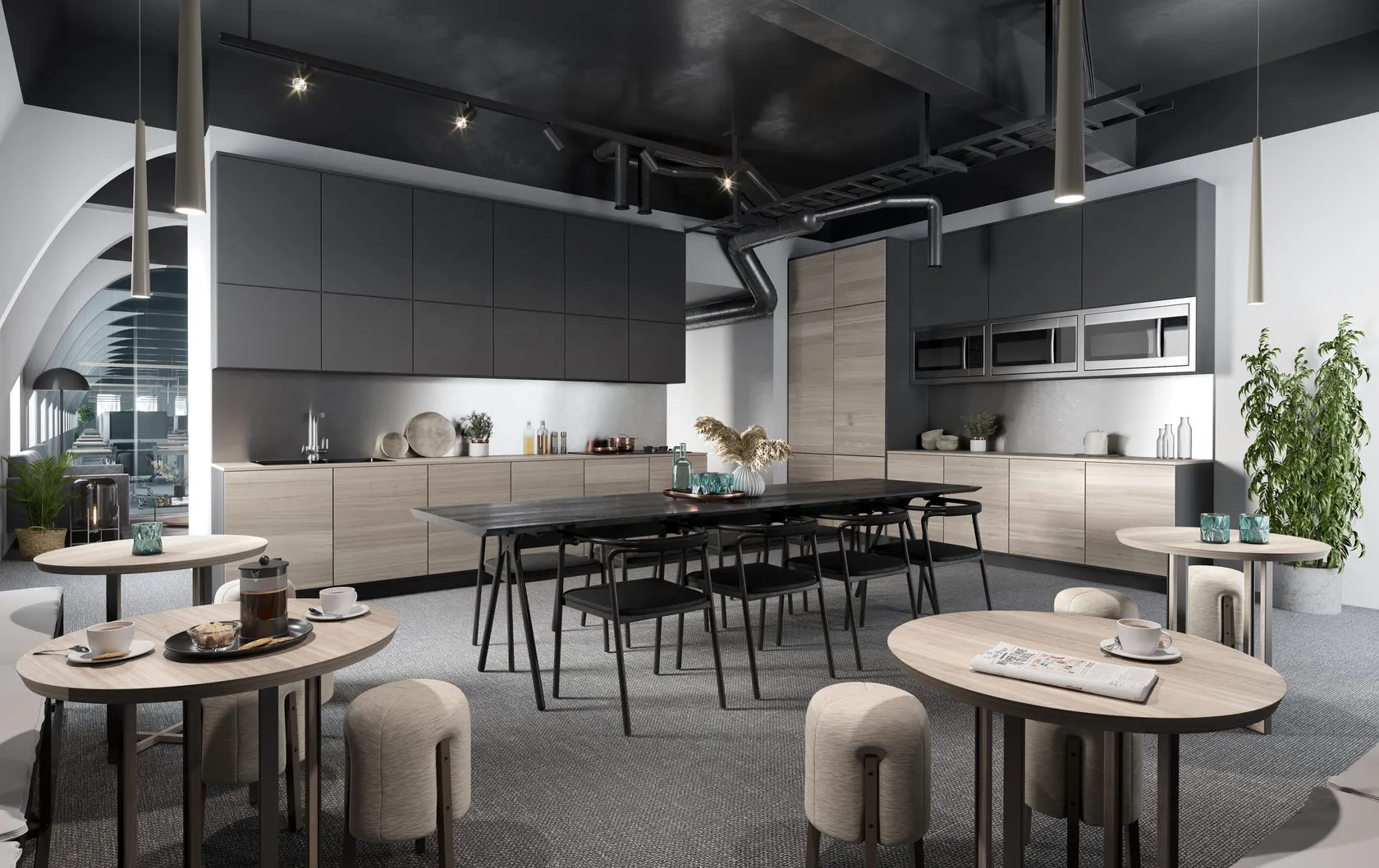 Modern open-concept office space with virtual furniture staging, featuring a cozy seating area, round tables with chairs, and a minimalist kitchen in the background, highlighted by soft lighting and neutral tones.