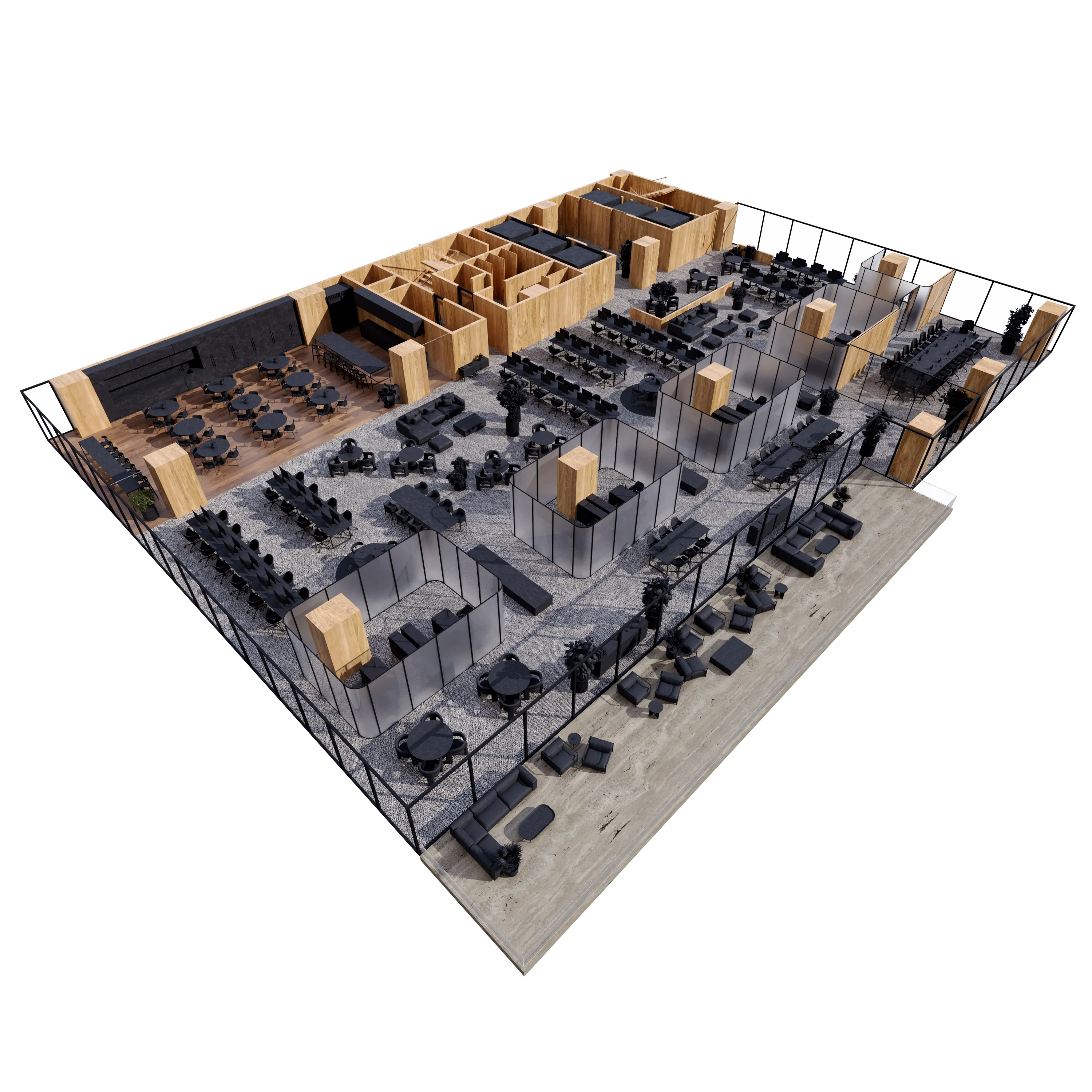 3D floor plan rendering of a two-story space with dining areas and pools on each side.