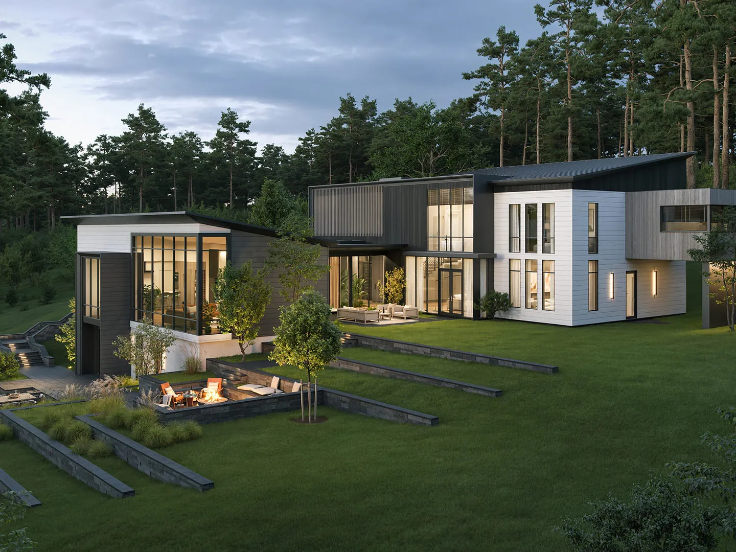 3D rendering of a front yard of a Villa in Boston.