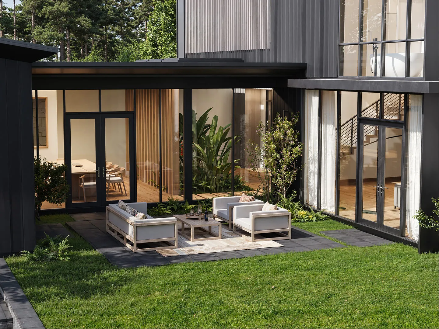 3D rendering of a front yard of a Villa in Boston.