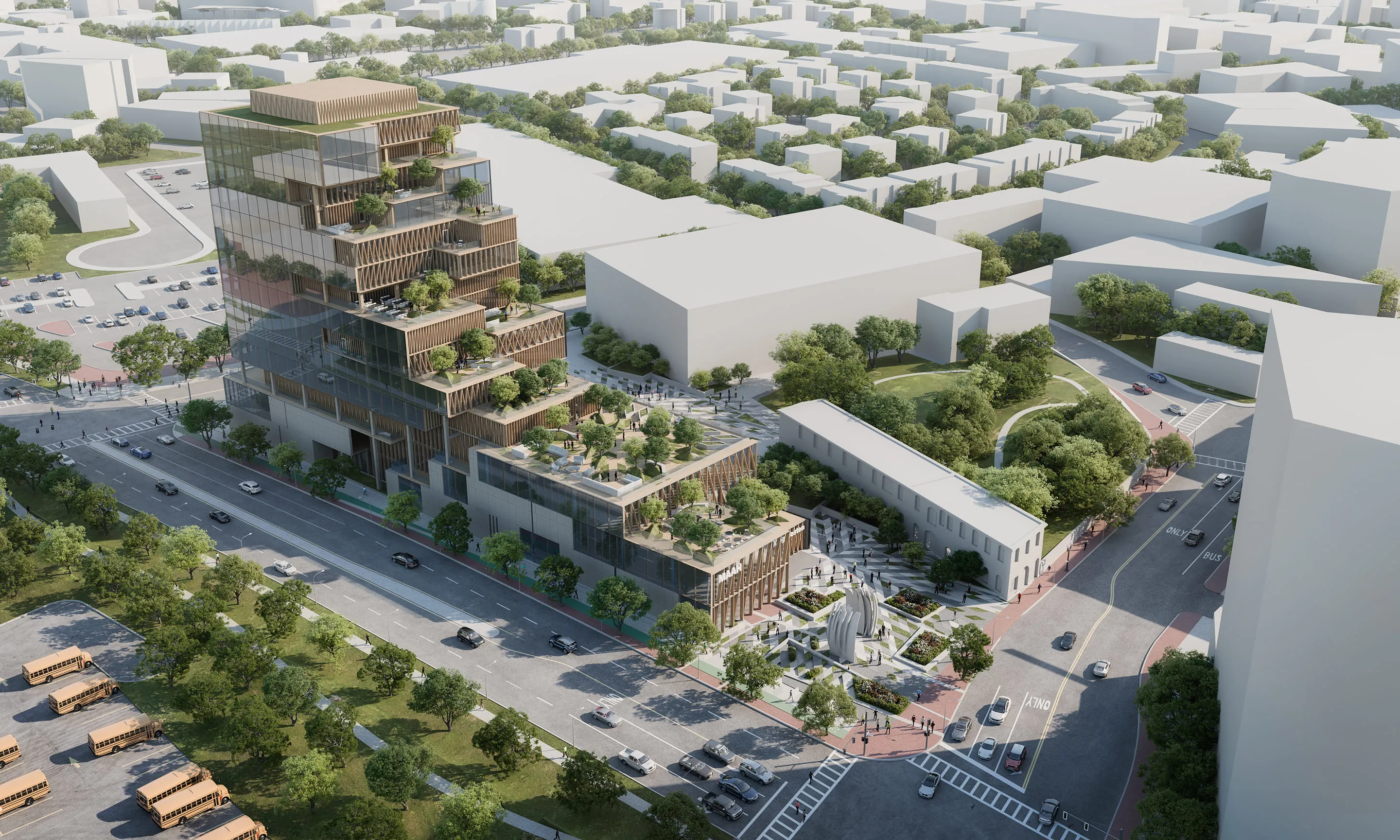 3D exterior rendering of a cultural complex concept designed by Boston architects.