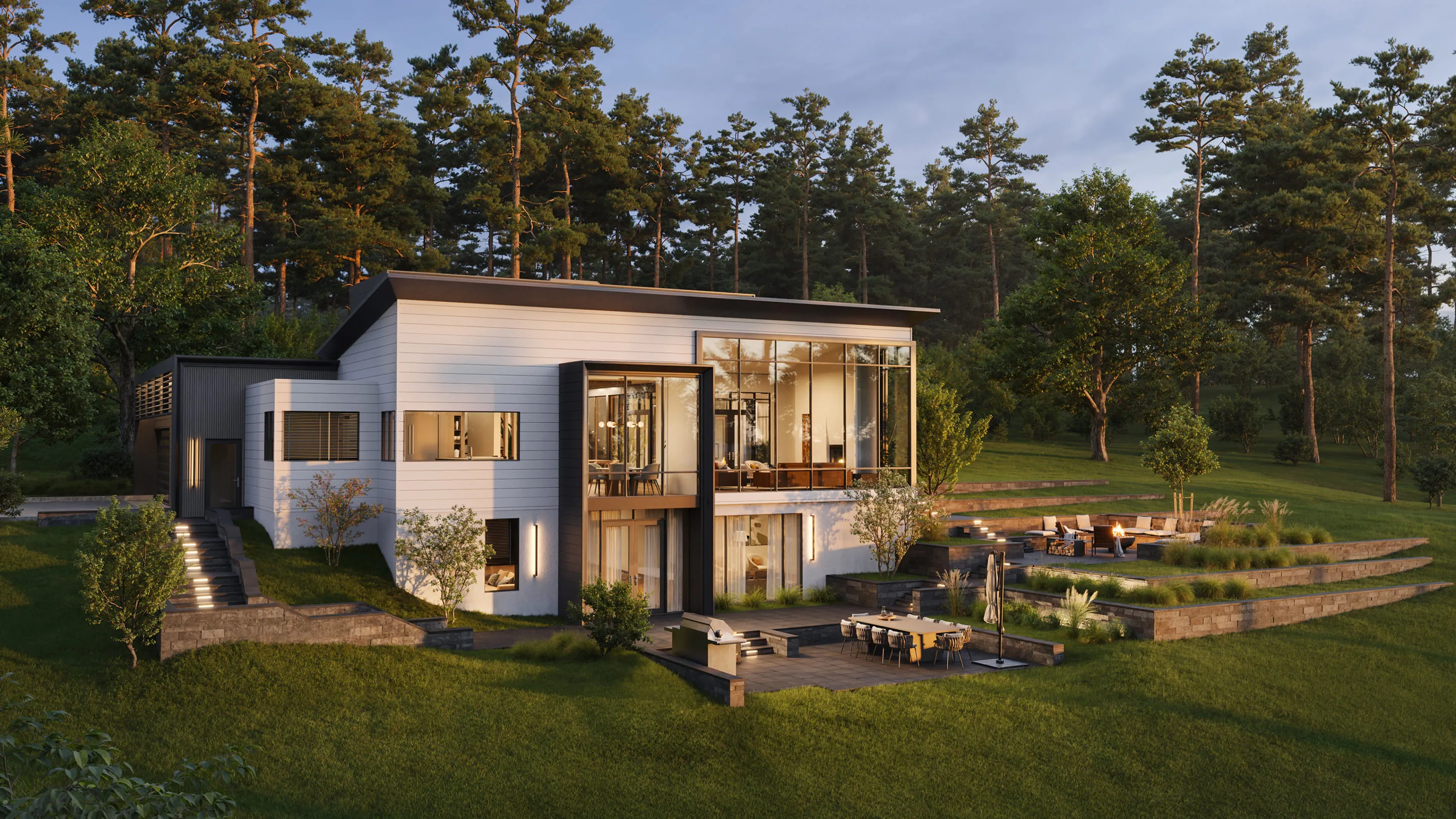 3D rendering of a modern two-store villa in Boston.