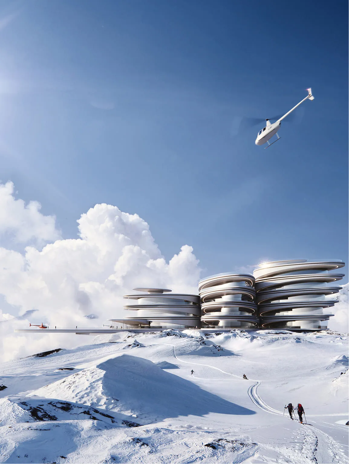 3D exterior visualization services depicting a cutting-edge architectural complex with stacked circular structures, set on a snowy mountain slope with skiers and helicopters in the scene.