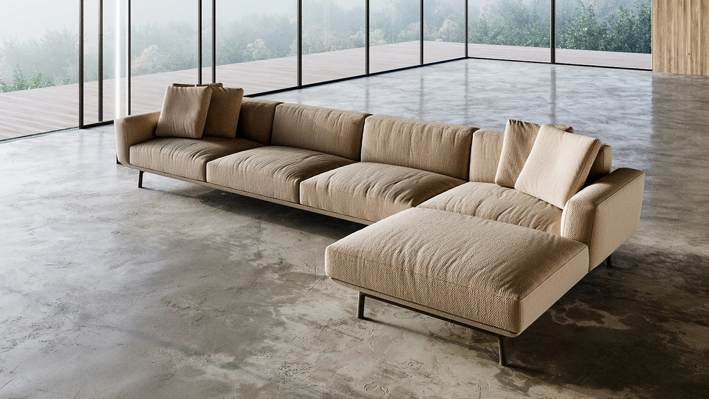 A 3D product rendering of a modern beige sectional sofa with a chaise lounge, set in a minimalist living room with polished concrete flooring and floor-to-ceiling glass windows offering serene outdoor views.