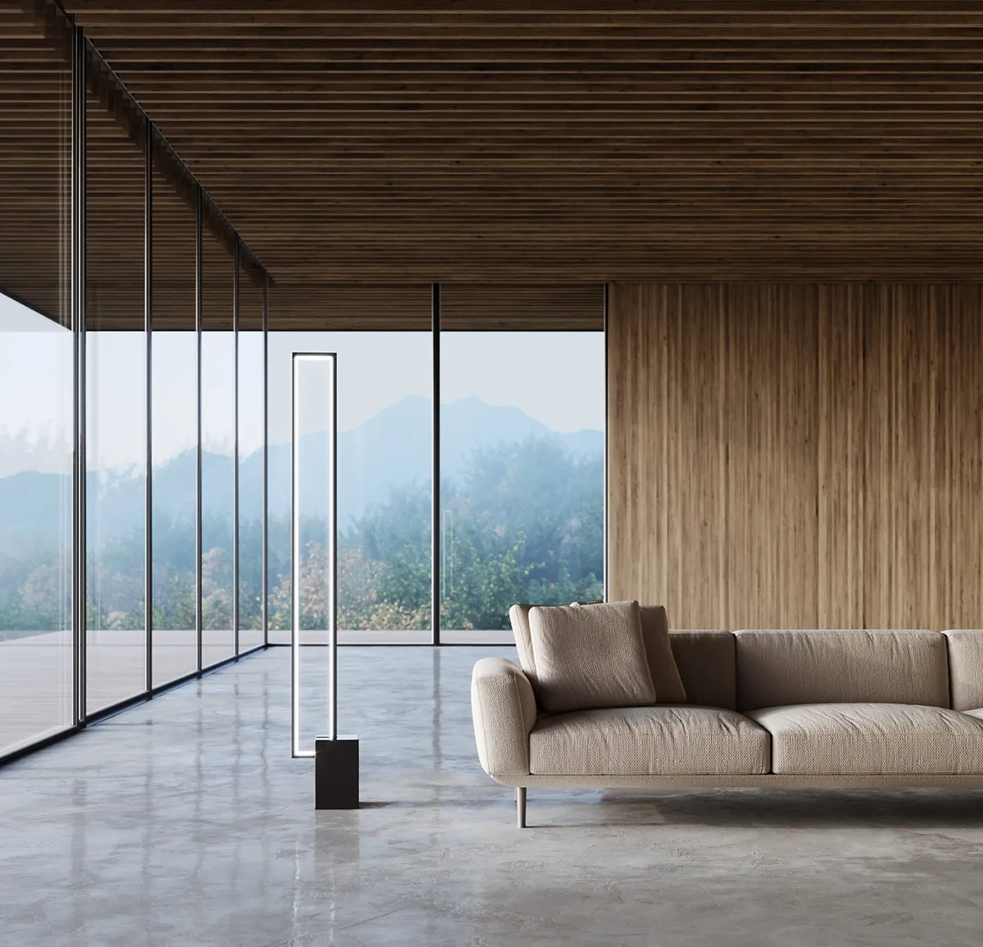  A close-up of a beige sectional sofa placed in a modern living room with polished concrete flooring and expansive glass windows, rendered in high-quality 3D product visualization.