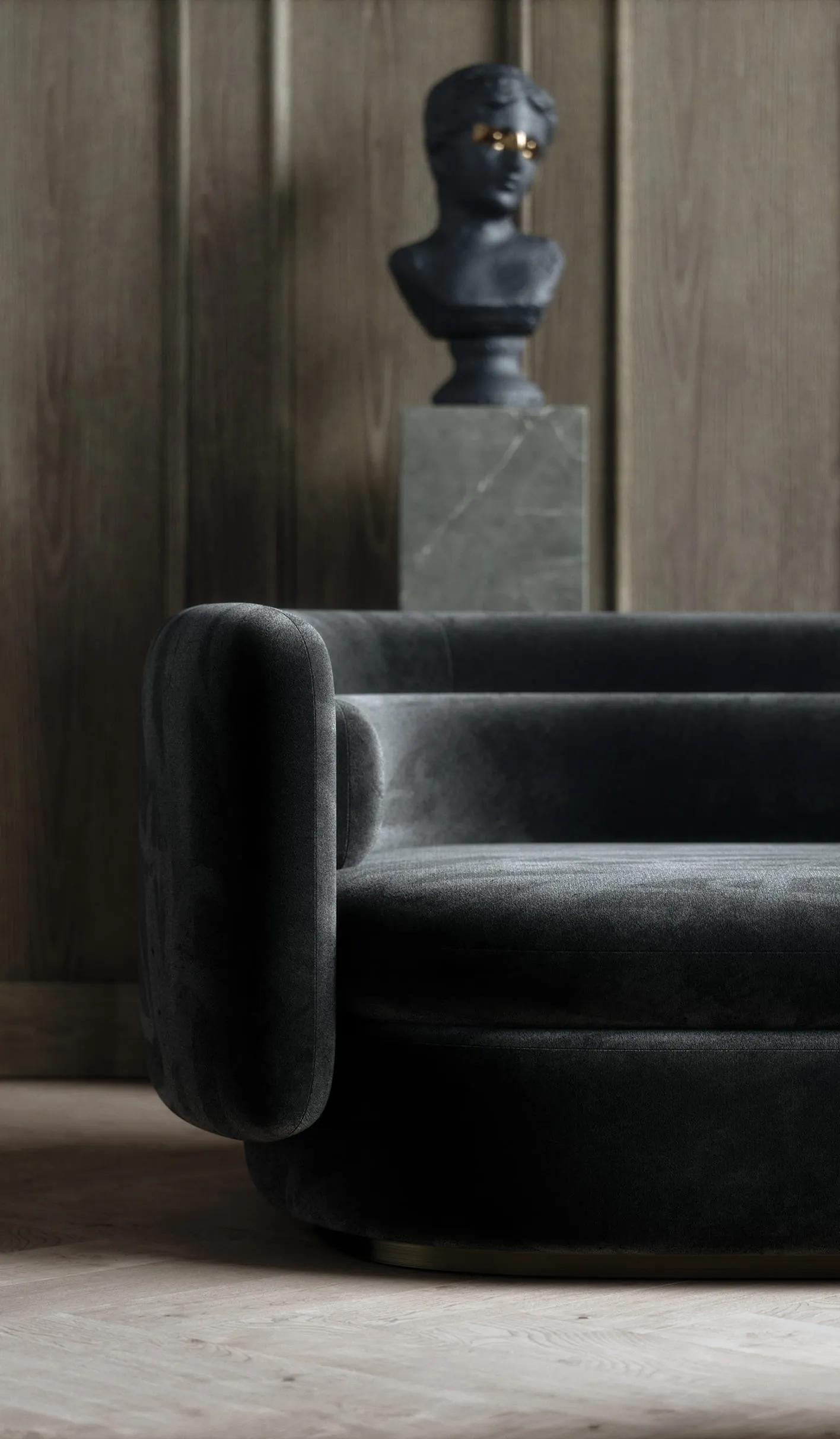 A cozy corner with a beige chair and a round table, accompanied by a vibrant green potted plant and textured striped wallpaper, captured through a realistic 3D product rendering.