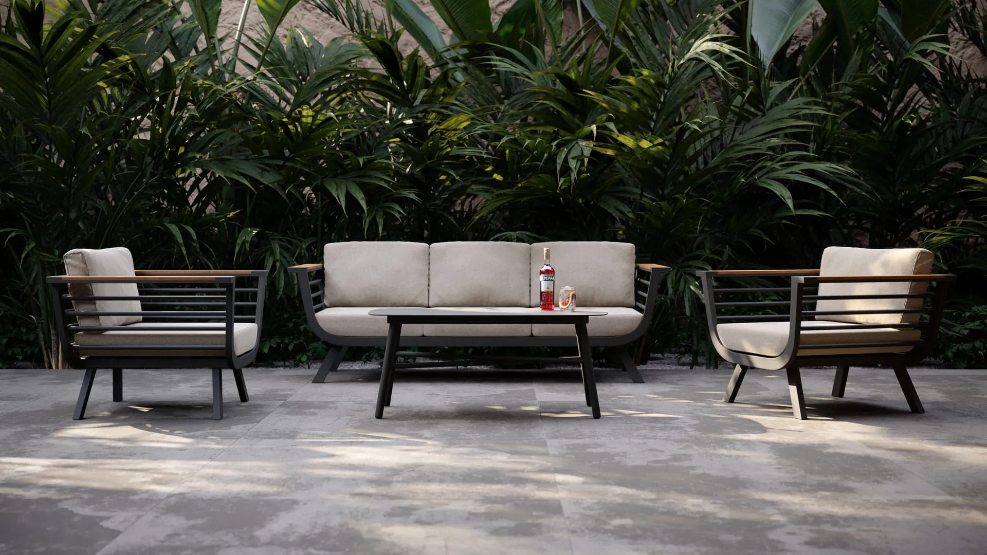 3D product rendering of a dining room setup featuring a glass table with modern wooden chairs, illuminated by a suspended minimalist pendant light and accent wall sconces. The dark blue walls add contrast and depth.