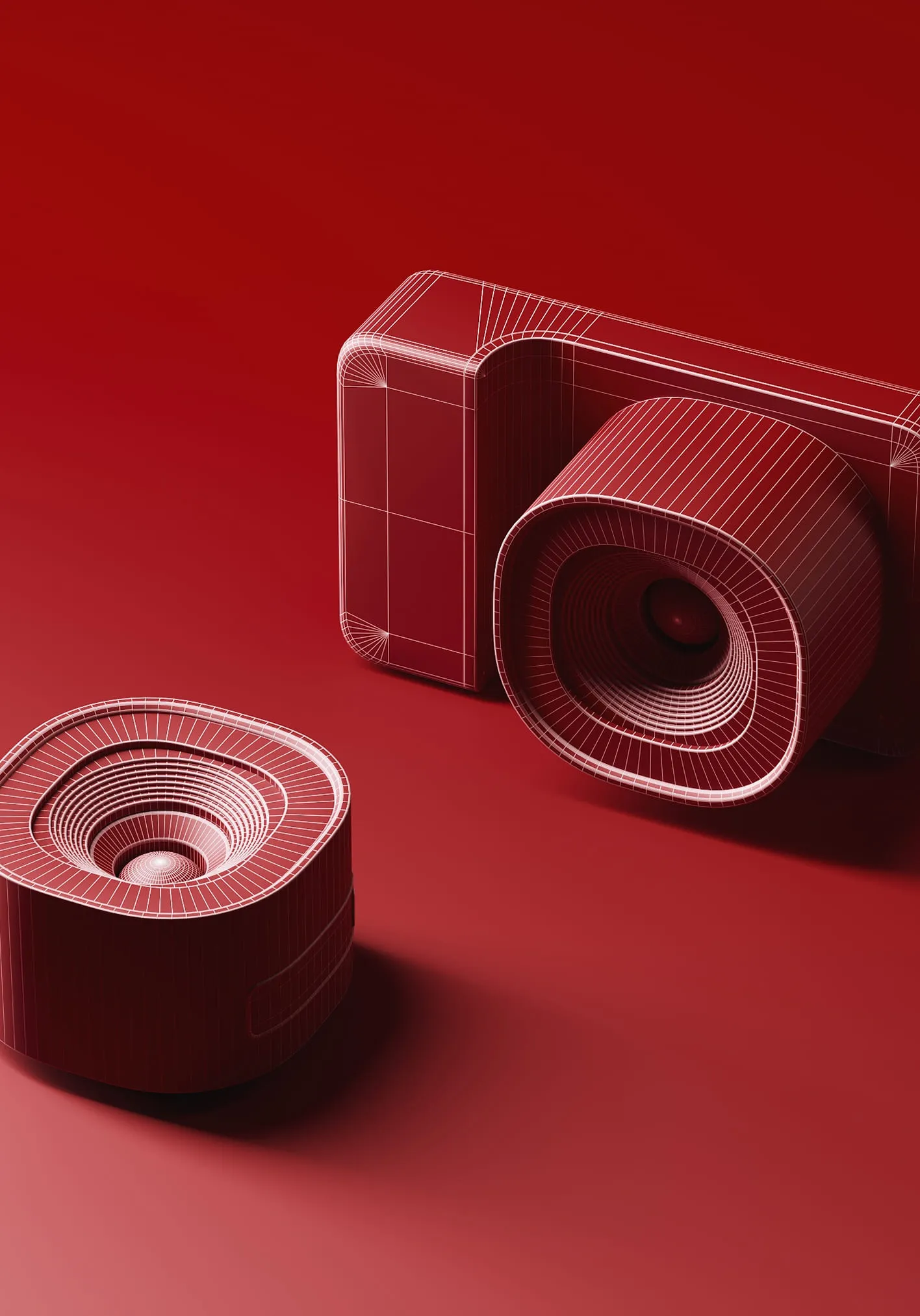  A full 3D wireframe view of a camera and its detachable lens on a red background — showcasing comprehensive electronic product design from Product 3D Modeling Services.