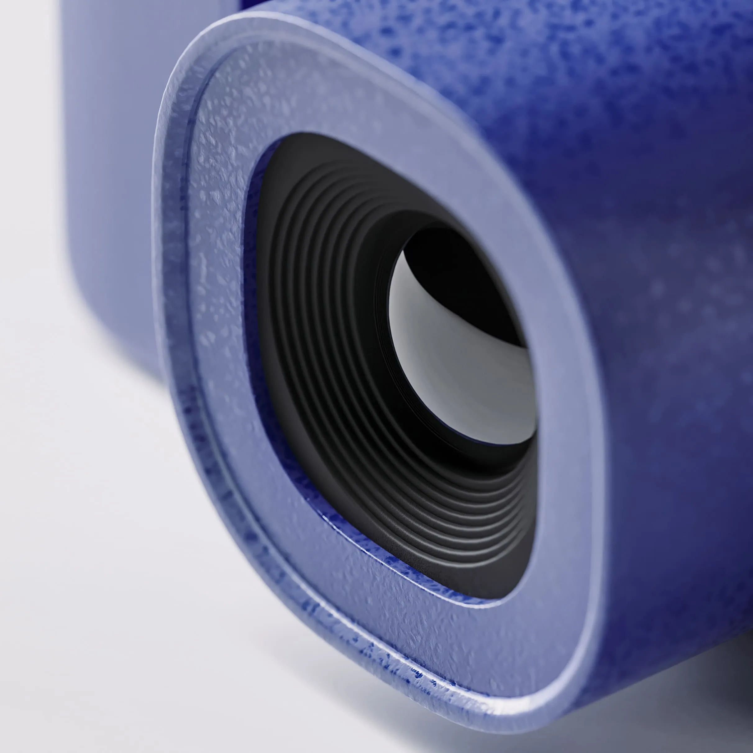 A realistic close-up of a camera lens with a purple casing — rendered using Product 3D Modeling Services to capture texture and optical elements.