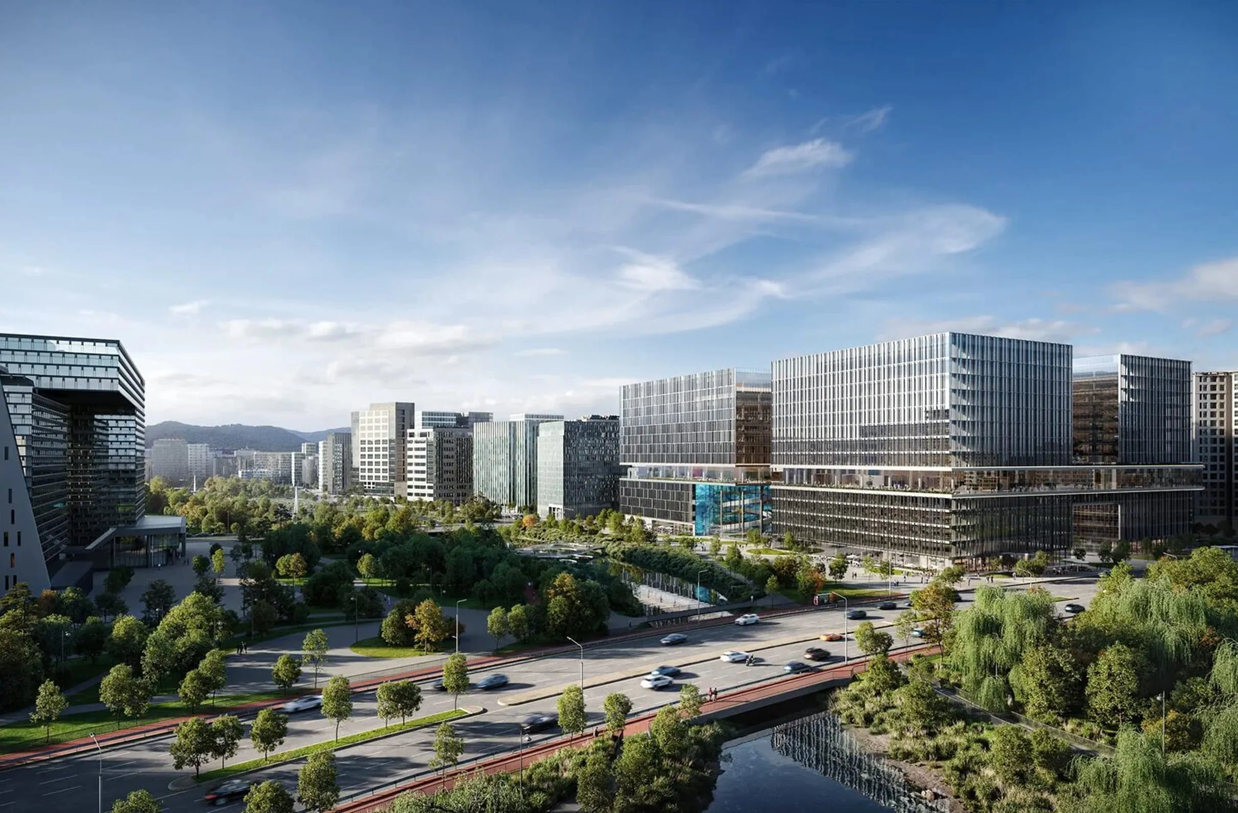 Aerial view of modern business district with glass towers, landscaped green spaces, and riverfront — produced using 3D exterior rendering services.