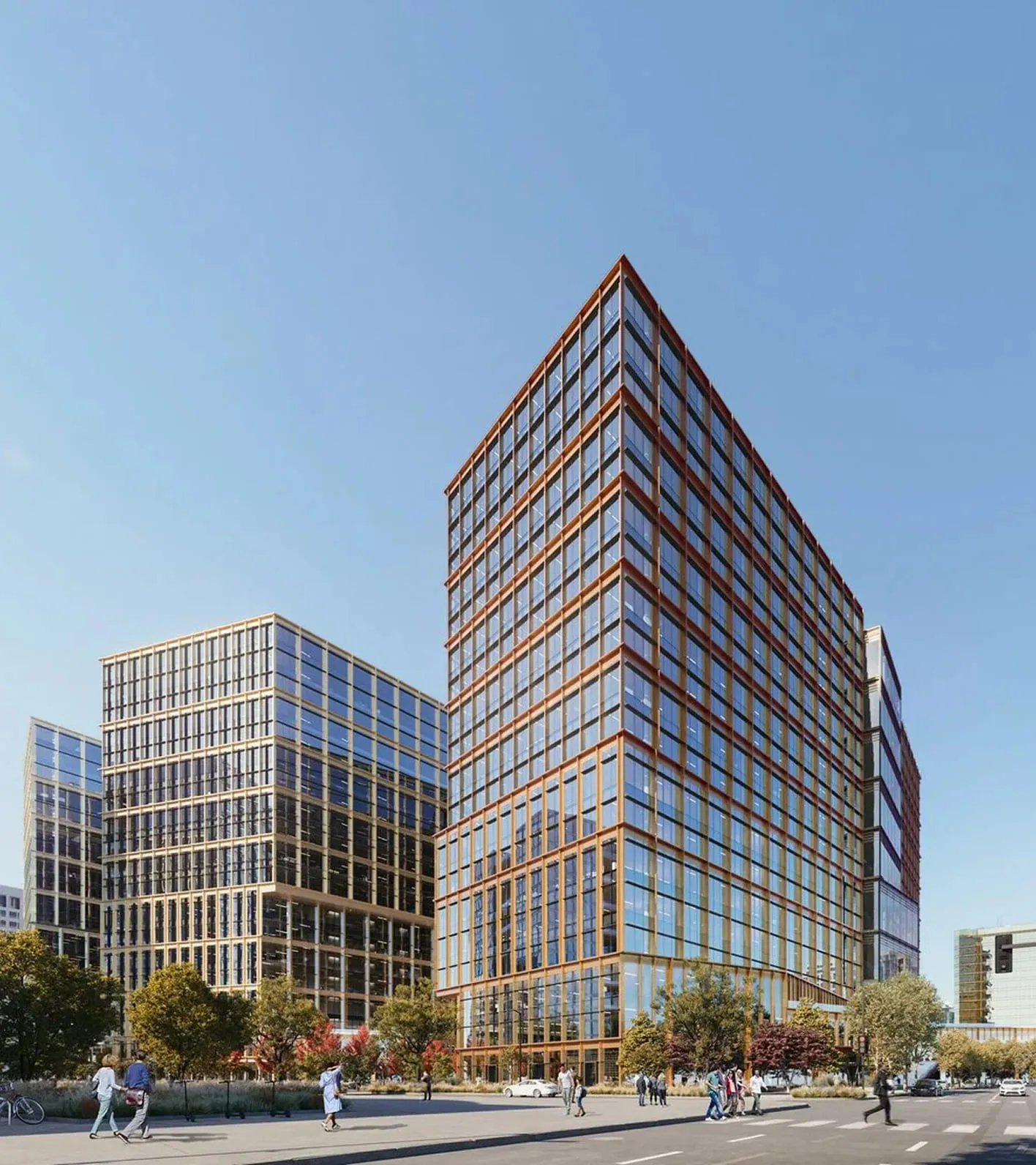 Urban streetscape featuring glass-and-wood framed office towers against a clear blue sky — created with 3D exterior rendering services.