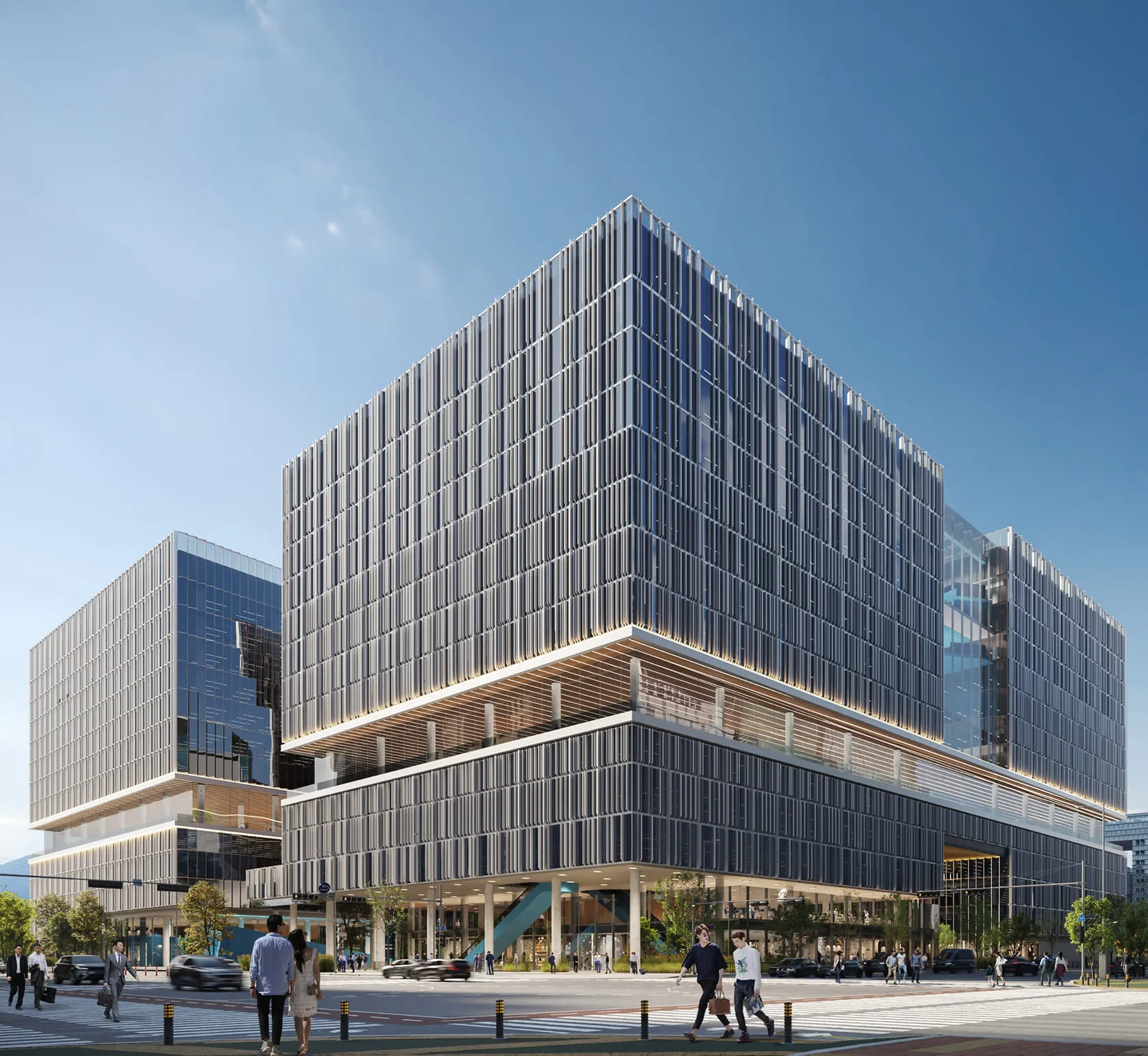 Angular modern office building with cantilevered sections and layered façade design — visualized using 3D exterior visualization services.