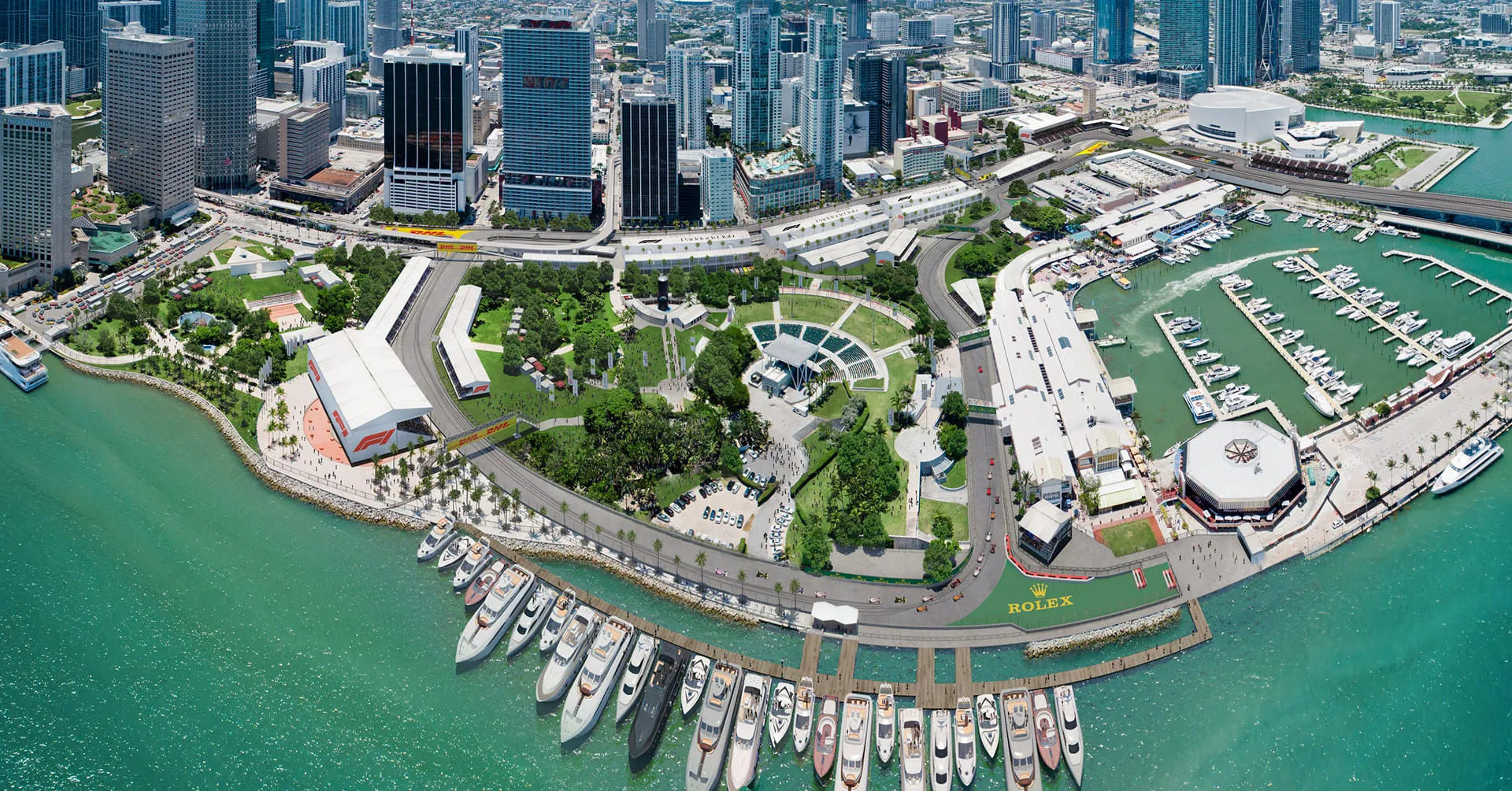 Aerial waterfront cityscape featuring a Formula 1 race track, marina, and high-rise buildings — produced with 3D exterior rendering services.