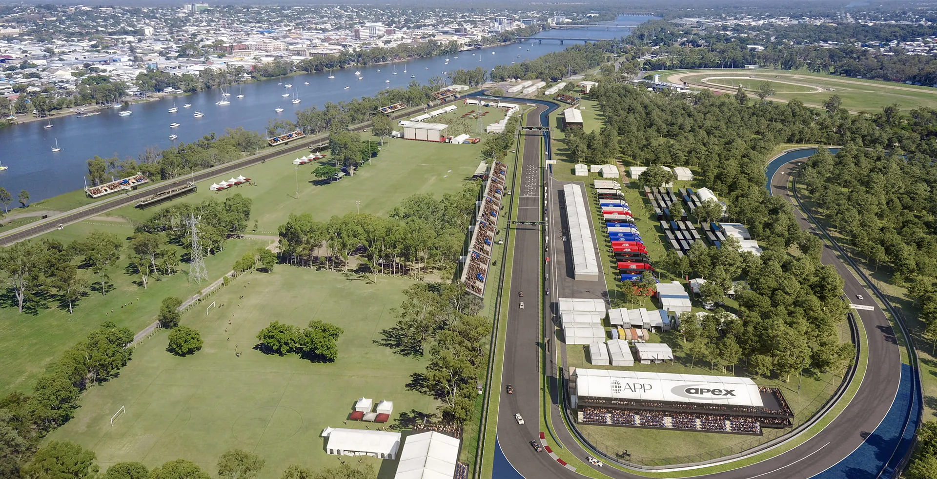 Aerial race track rendering along a riverside with grandstands, pit lane, and green landscapes — produced with 3D exterior rendering services.