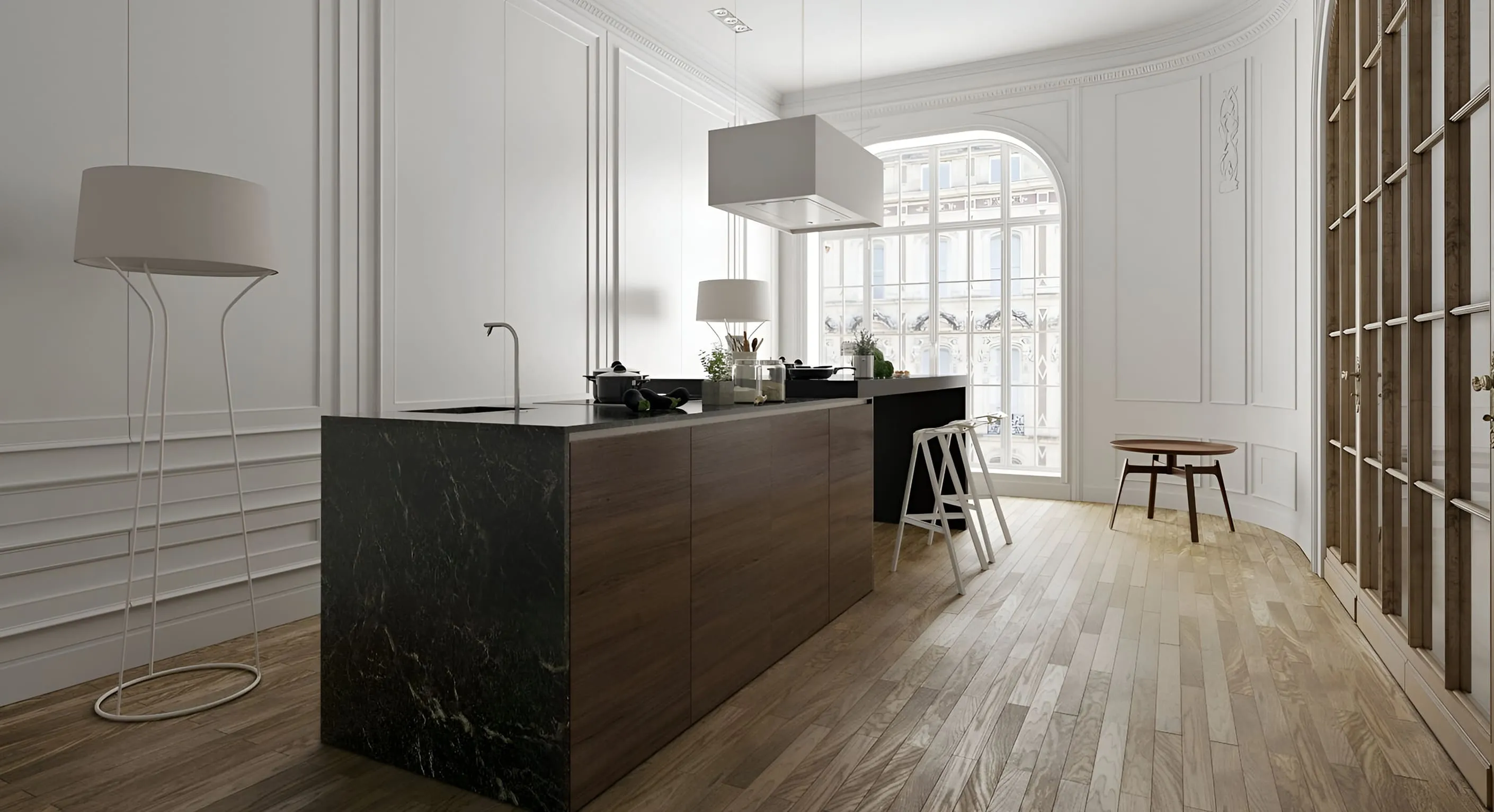 A formal 3D rendering of a dining room featuring a long table, purple chairs, a striking chandelier, and floor-to-ceiling windows showcasing the cityscape.