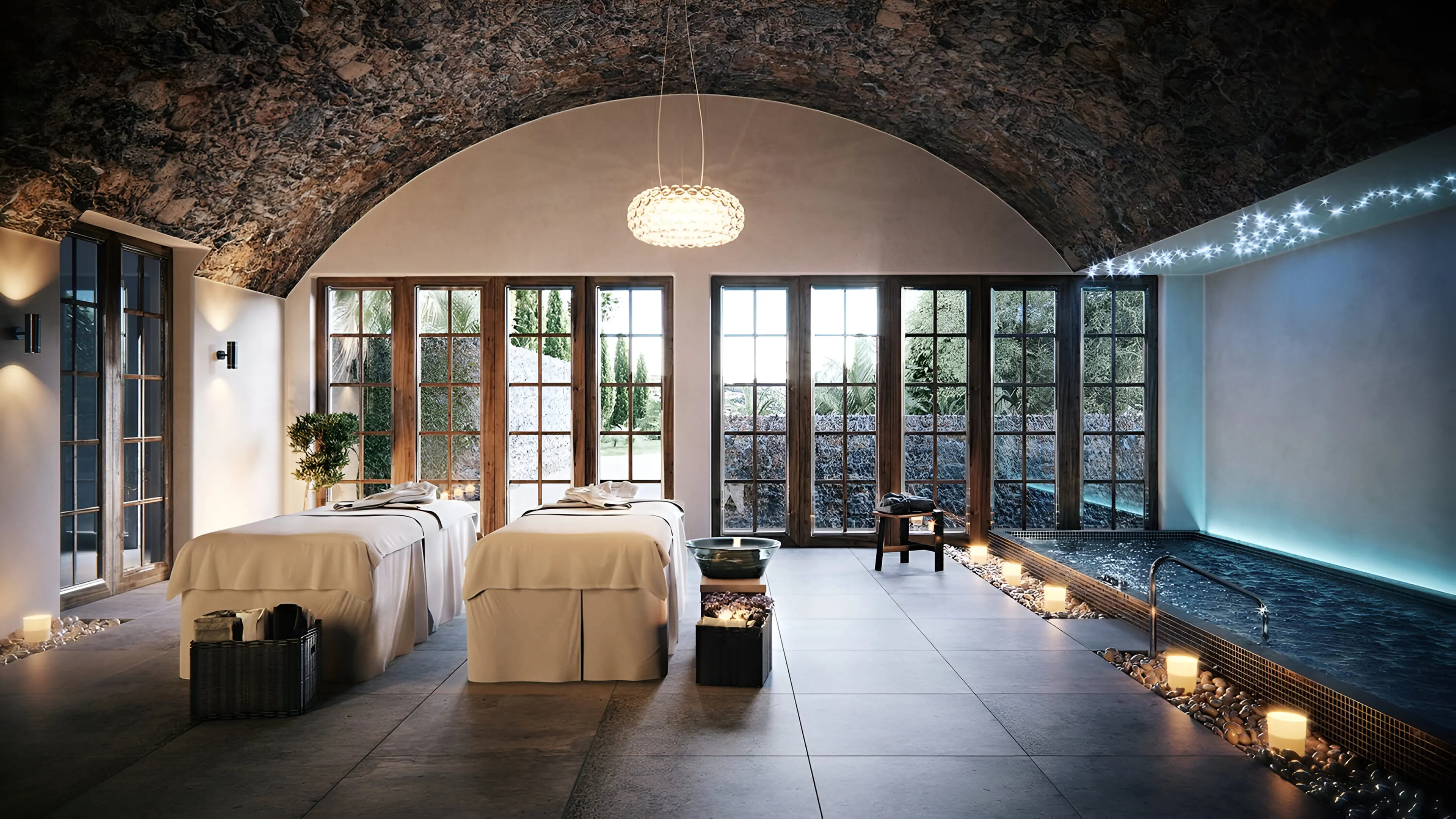 A dramatic 3D rendering of a bedroom with a bold red theme, textured rock wall, and minimalist design elements.