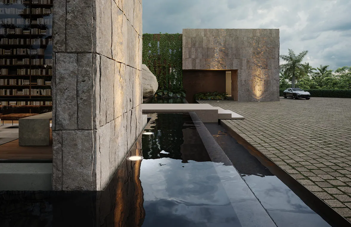 Contemporary single family home rendering showcasing textured stone walls, a reflecting pool, landscaped greenery, and a minimalist entry courtyard.