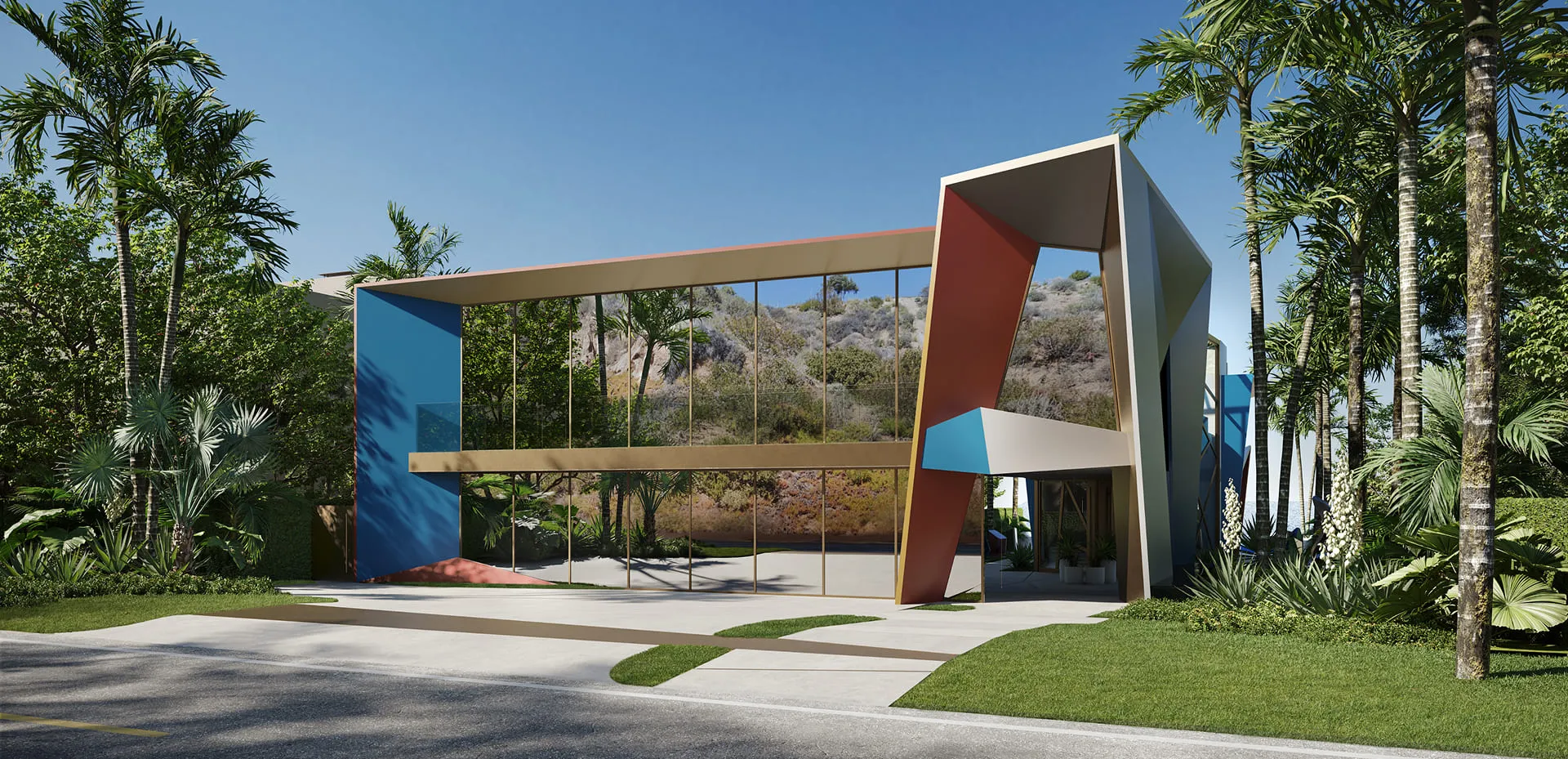 ontemporary single family home rendering with geometric architectural shapes, vibrant colors, and full-height glass panels.