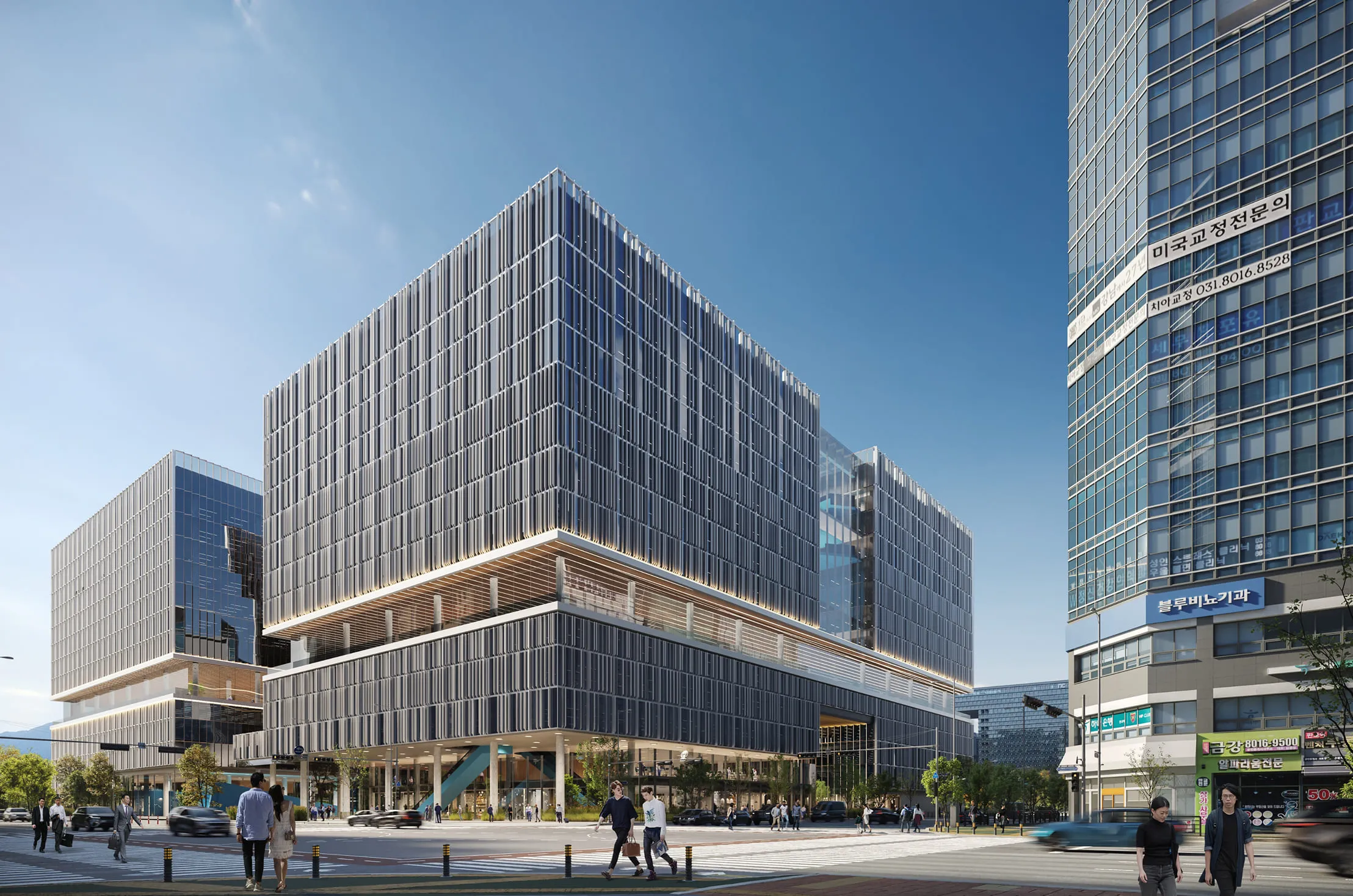 A high-quality exterior 3D rendering of a modern office complex, created by one of the top 3D rendering companies, featuring sleek glass facades, structured lighting, and an urban environment with pedestrians and traffic.