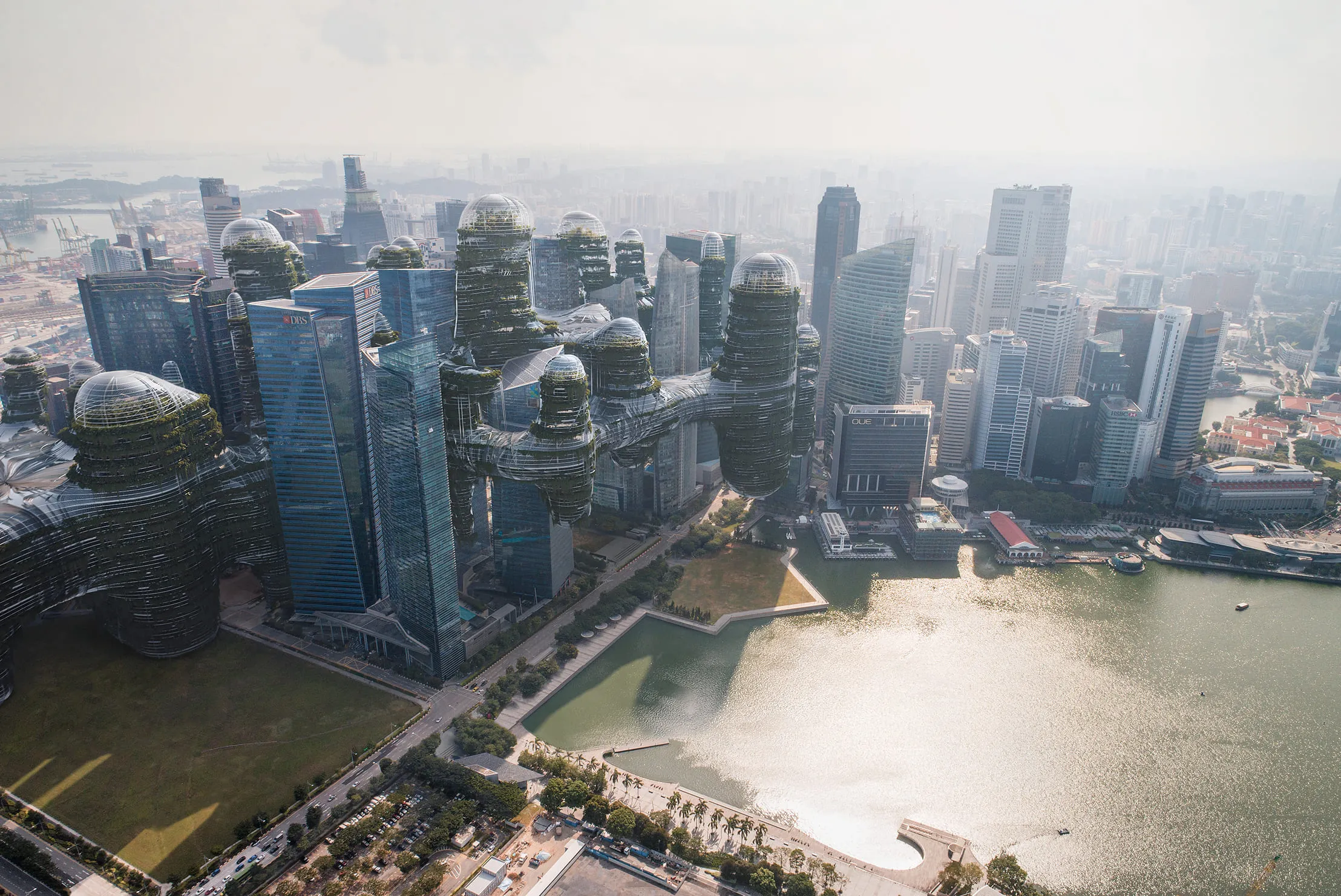 A highly detailed, futuristic 3D rendering of a city skyline with organic, interconnected skyscrapers covered in greenery. The best 3D rendering companies create visionary urban landscapes like this, blending architecture and nature seamlessly.