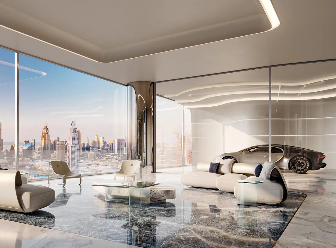 A luxurious penthouse rendered by one of the top 3D rendering companies, showcasing a modern open-plan living space with panoramic city views, curved architectural elements, and a high-end car displayed behind a glass partition.