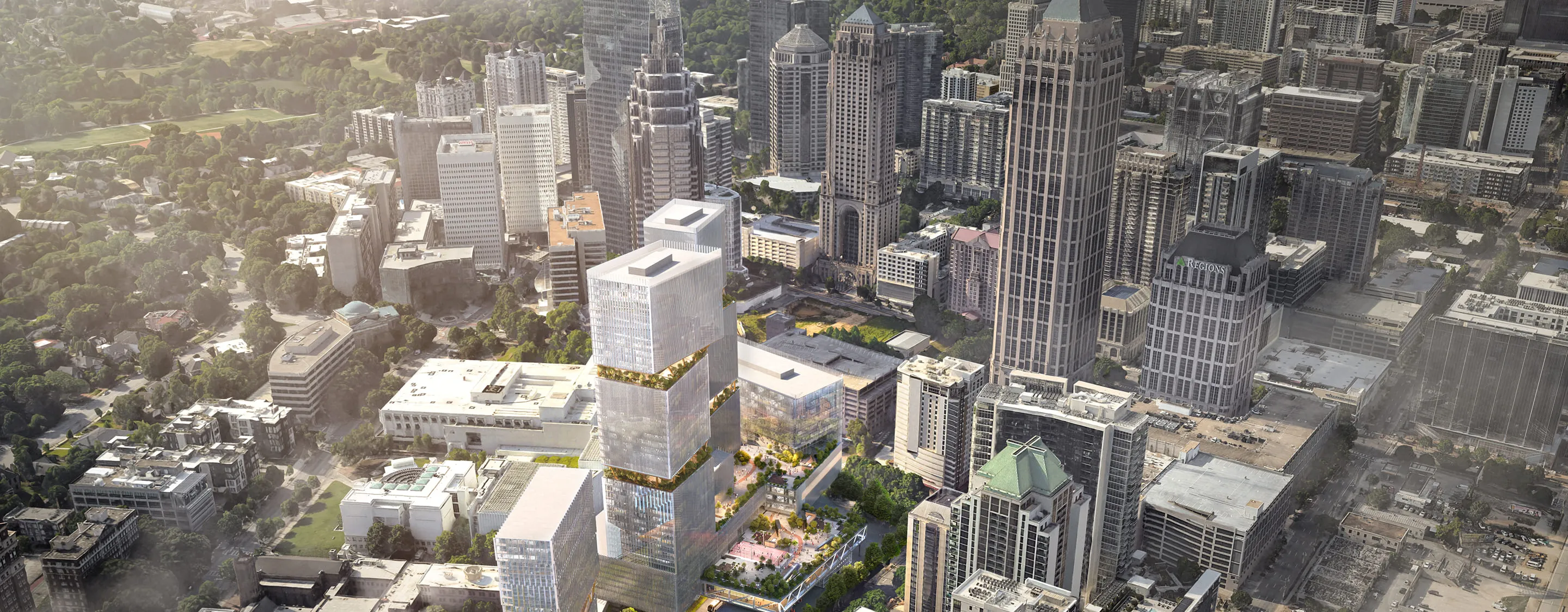 City planning rendering of a cultural and transit hub with modern architecture, open spaces, and pedestrian-friendly areas within a bustling cityscape.