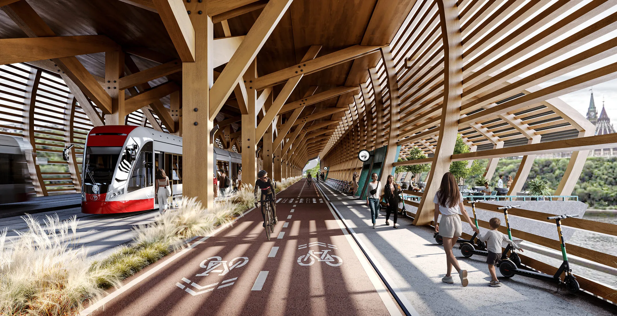 City planning rendering showcasing a modern, sustainable transit corridor with a wooden structure, tram lines, and designated pedestrian and bicycle paths, integrating natural landscaping within the urban environment.