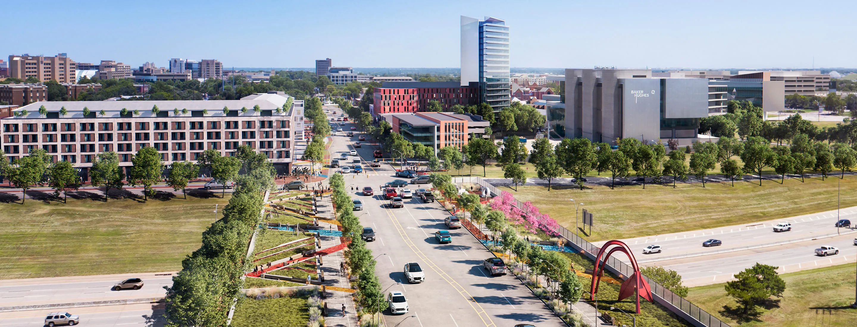 City planning rendering of a multi-lane highway bridge in a vibrant urban area, featuring green landscaping, tree-lined walkways, and modern architecture surrounded by city buildings.