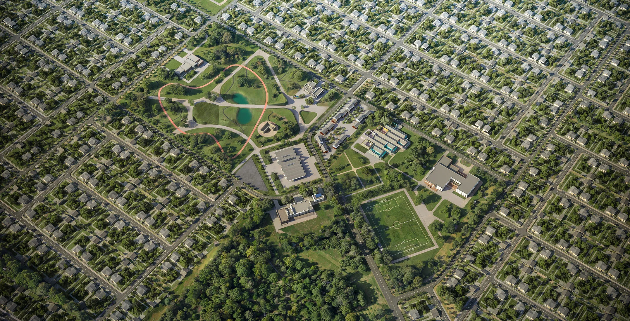 City planning rendering of a suburban area with a central park, sports fields, walking trails, and educational facilities surrounded by a grid of residential neighborhoods.