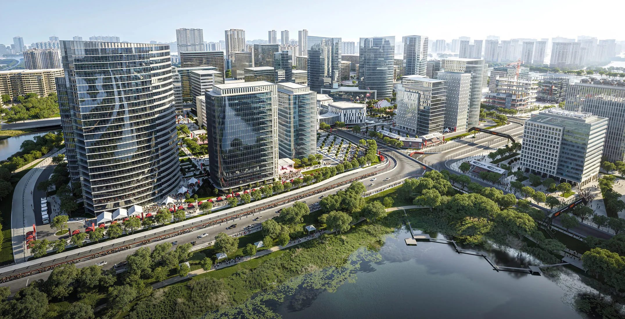 City planning rendering of a high-density urban district with modern skyscrapers, green spaces, and well-planned roads, highlighting sustainable integration of urban green spaces.