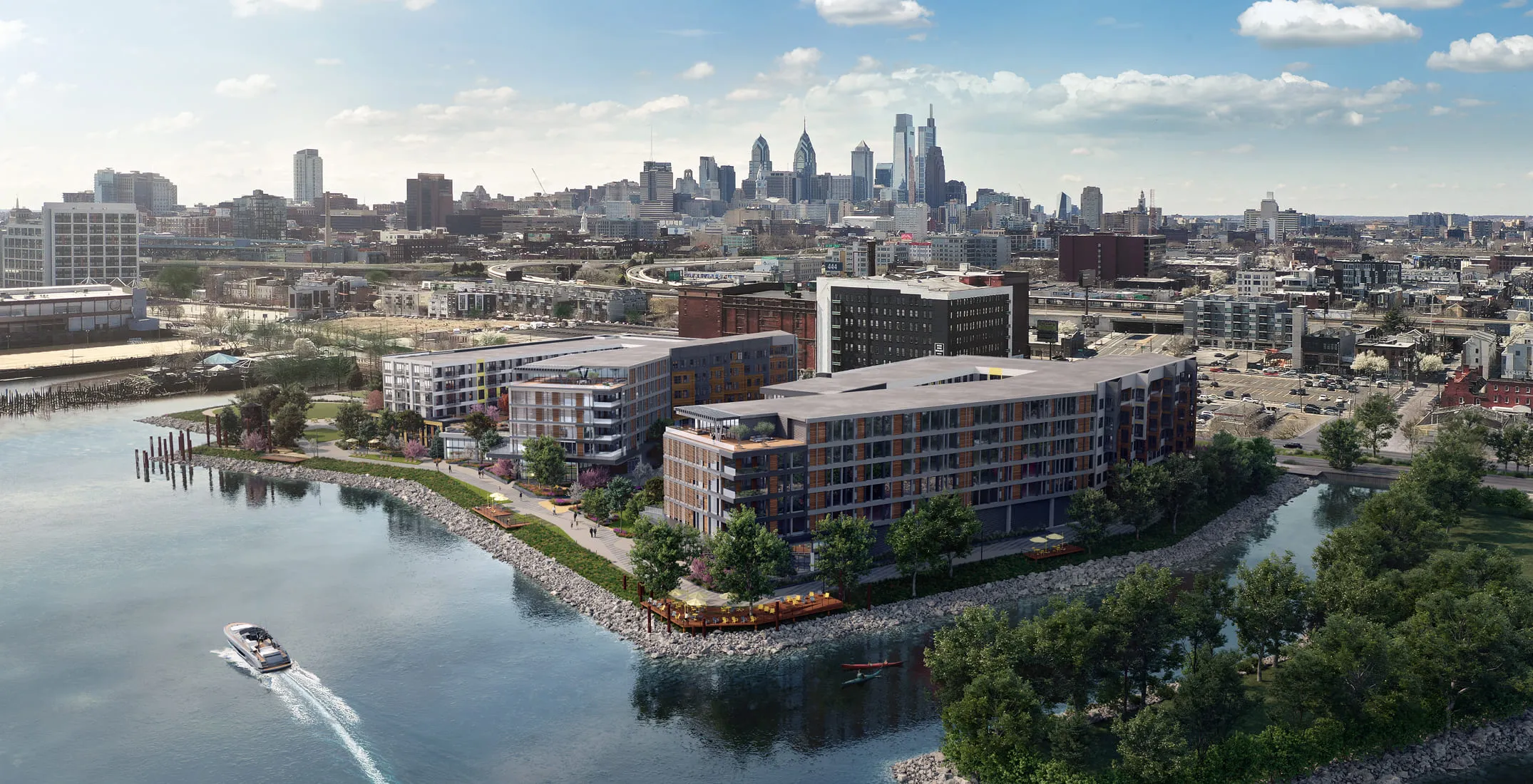 City planning rendering of a waterfront development, including mixed-use buildings, landscaped walkways along the water, and recreational spaces with the city skyline in the background.