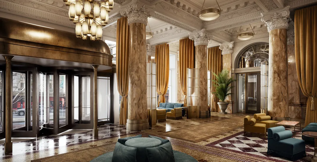 The example of 3D interior visualization of a luxury hotel lobby.