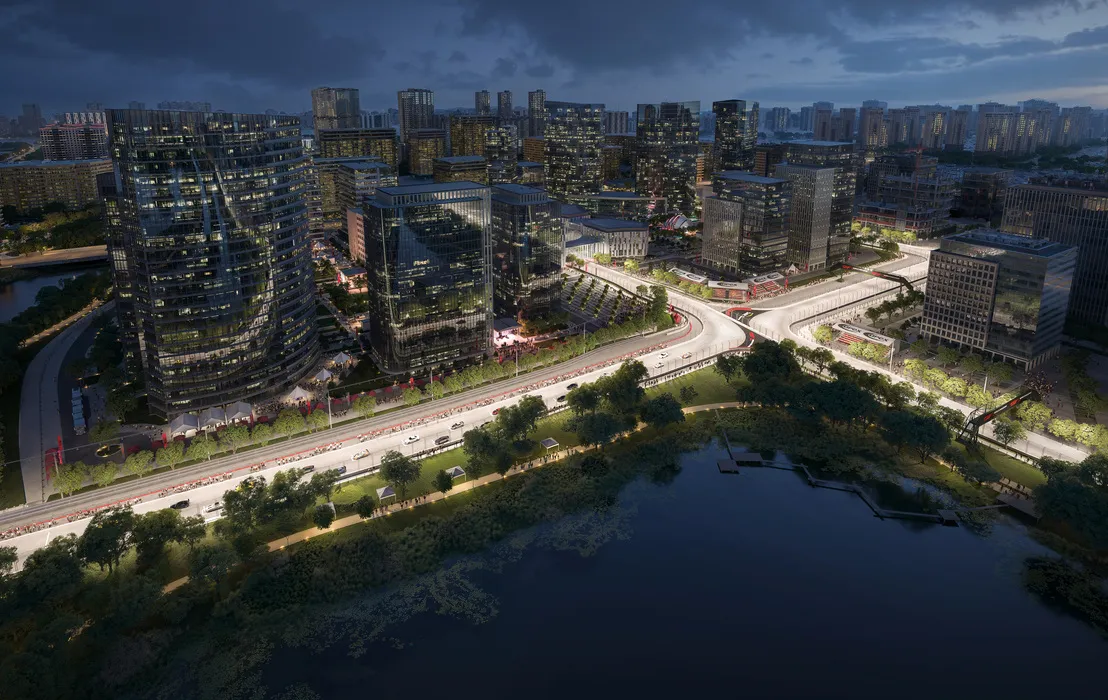 Nighttime 3D visualization of a modern urban street circuit weaving through high-rise buildings and city lights — architectural rendering by omegarender for Apex Circuit Design.