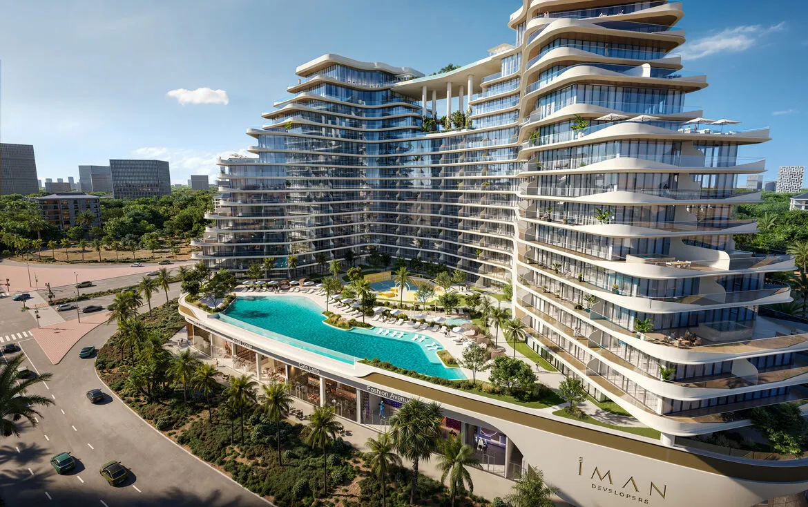 Sweeping view of curvilinear desert architecture high-rise complex with cascading balconies and lush resort-style amenities.