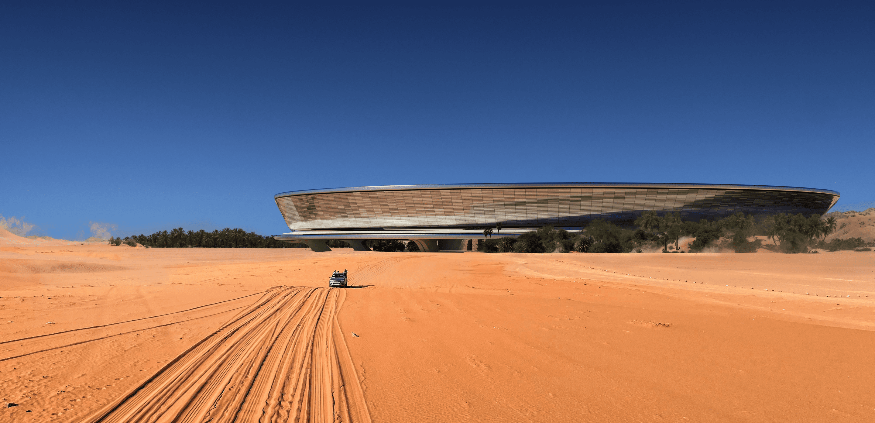 Cutting-edge desert architecture structure with a sleek circular form, rising from bright orange sand dunes under a deep blue sky, accessed by off-road tracks.