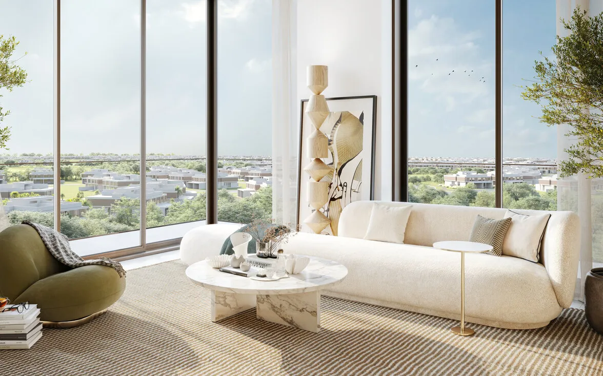 Modern desert architecture living room with panoramic windows showcasing a sprawling residential development amid lush greenery and desert surroundings