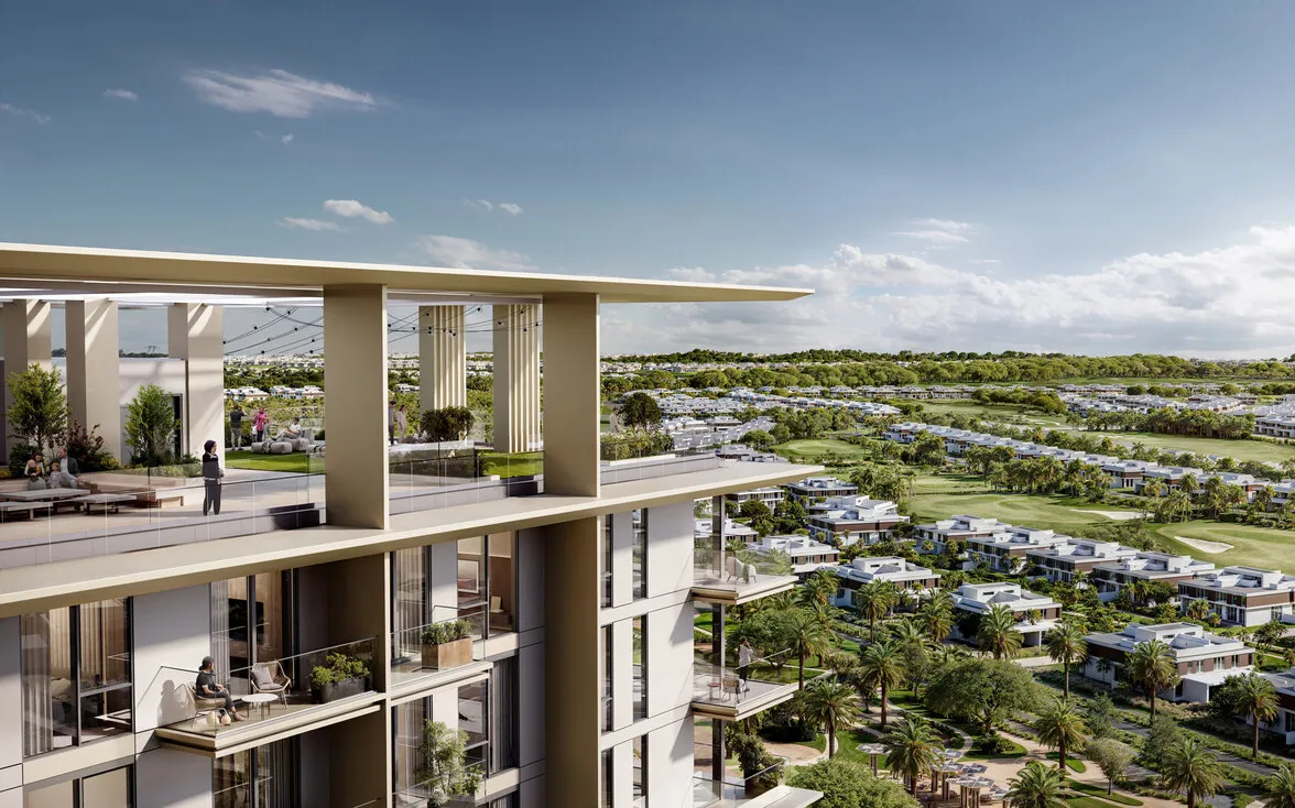Rooftop garden and modern desert architecture high-rise overlooking a golf course and expansive desert-inspired suburban community.