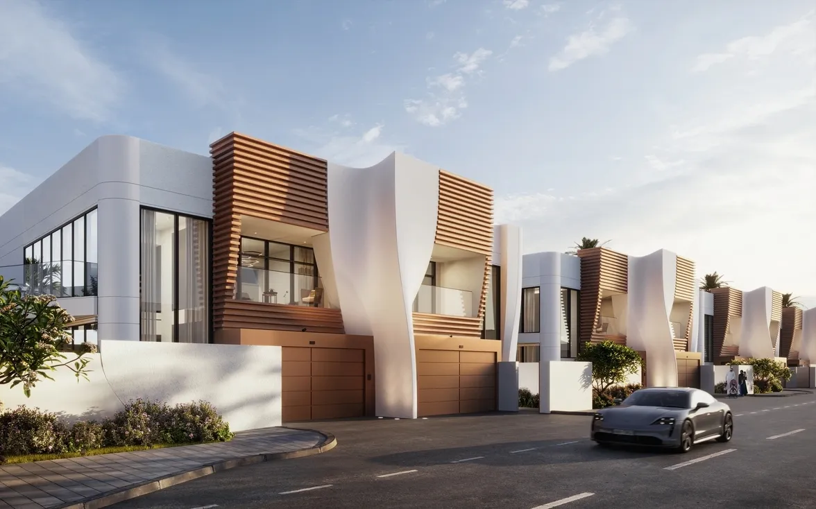 Modern single family home rendering of a street lined with sculptural contemporary residences featuring curved white forms and wood slatted accents.