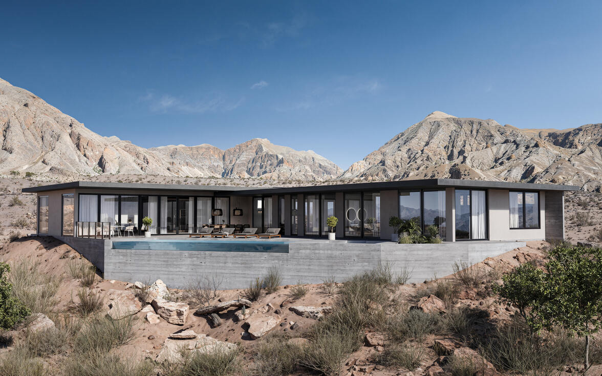 Minimalist desert architecture villa with panoramic windows and an infinity pool, perched on rocky desert terrain with mountainous backdrop.