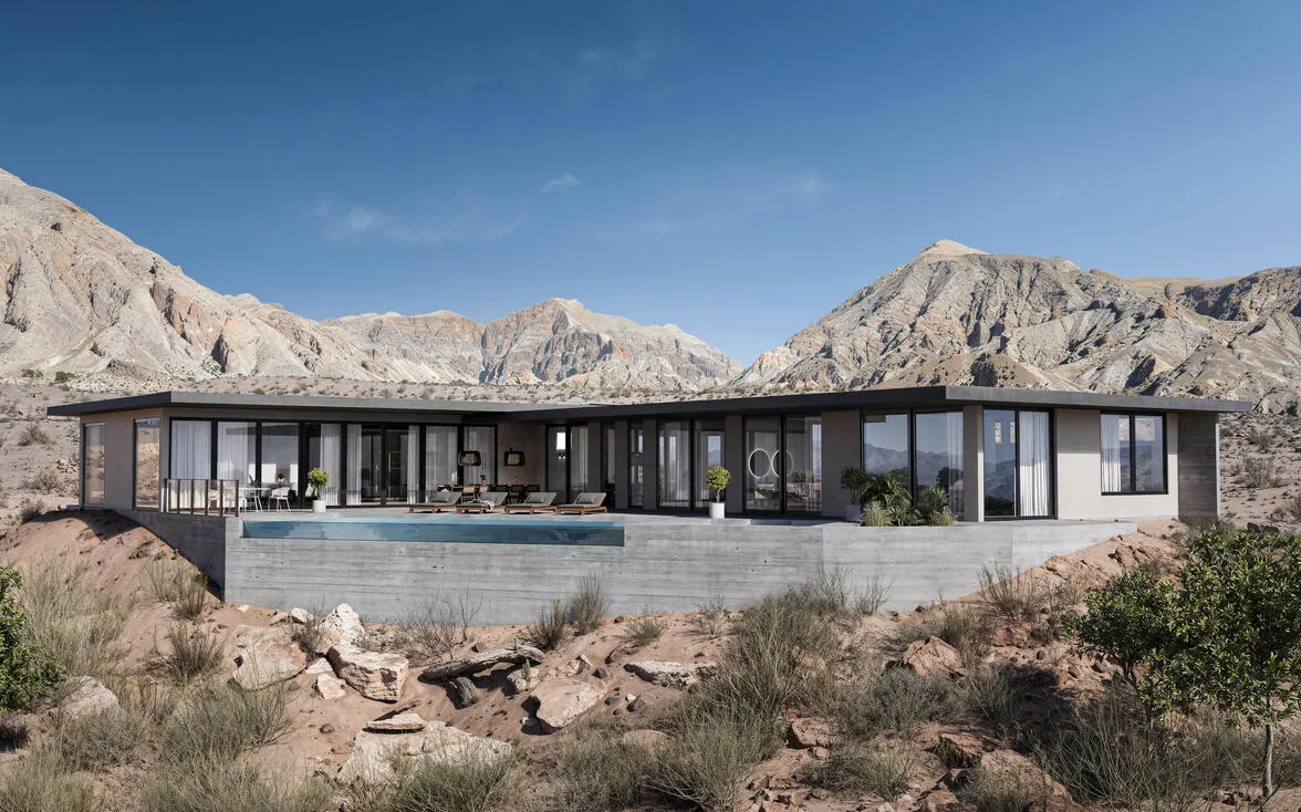 Minimalist desert architecture villa with panoramic windows and an infinity pool, perched on rocky desert terrain with mountainous backdrop.