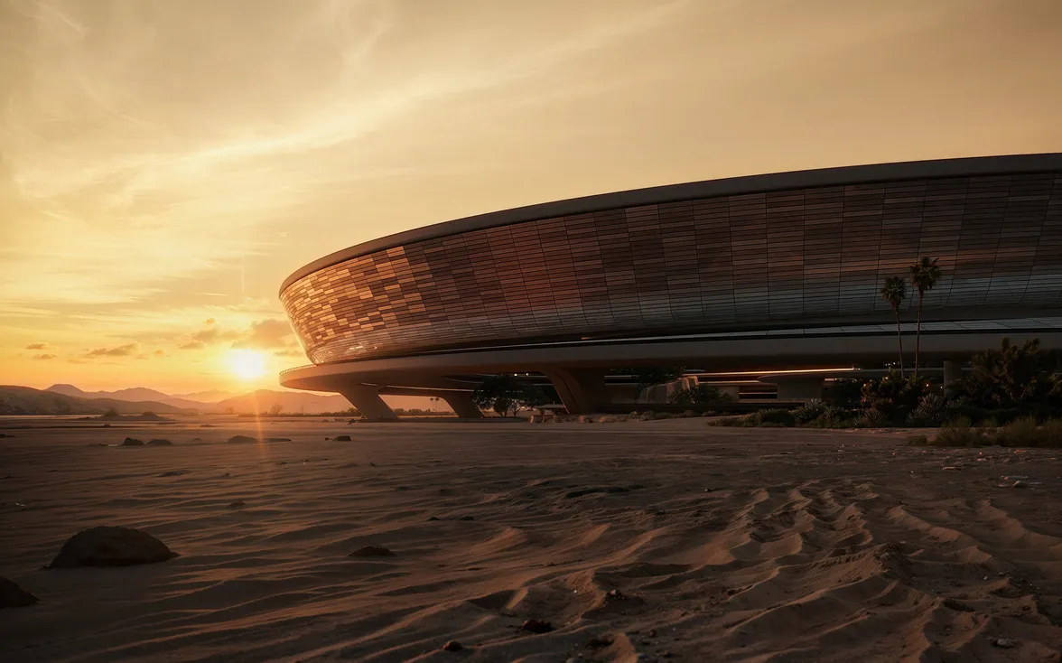 Contemporary circular desert architecture building with a sleek metallic facade, blending into the arid landscape at dusk.