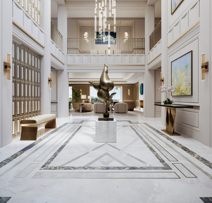Opulent foyer with high ceilings, a central bronze sculpture on a marble pedestal, modern chandeliers, and symmetrical classical paneling, leading to a formal sitting area.