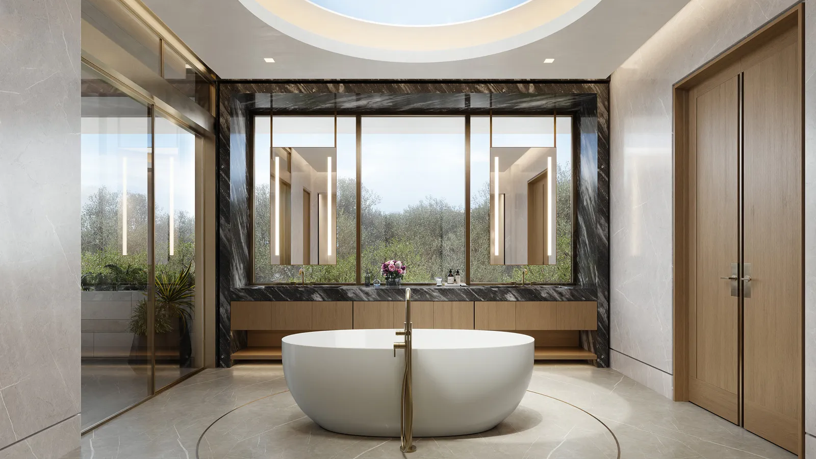 Sleek, modern bathroom featuring a central freestanding oval bathtub beneath a circular skylight, dark marble vanity walls with wood cabinetry, and large windows with a treetop view.