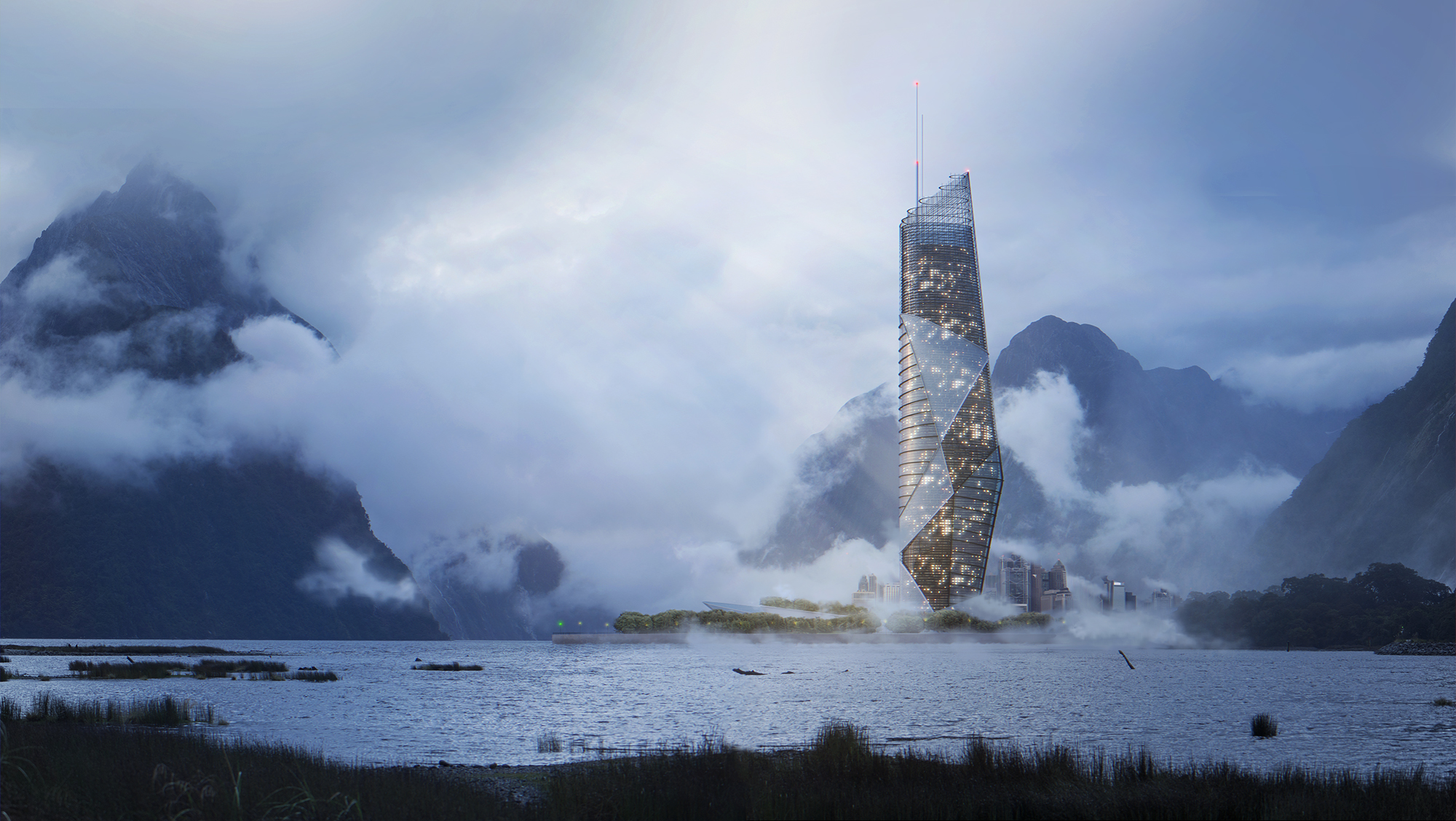 Rendering exterior high rise tower set against a dramatic mountainous landscape with mist and clouds, featuring a futuristic, spiraling glass structure illuminated with interior lights, surrounded by water and low vegetation.