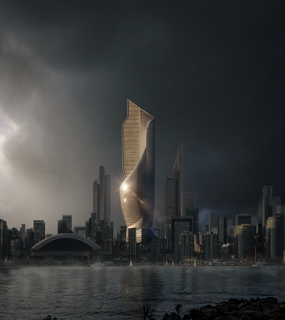 Sky scraper rendering of a futuristic, sculptural high-rise tower glowing with warm lighting, standing prominently in a modern city skyline under dramatic, stormy skies and reflected in calm waterfront waters.